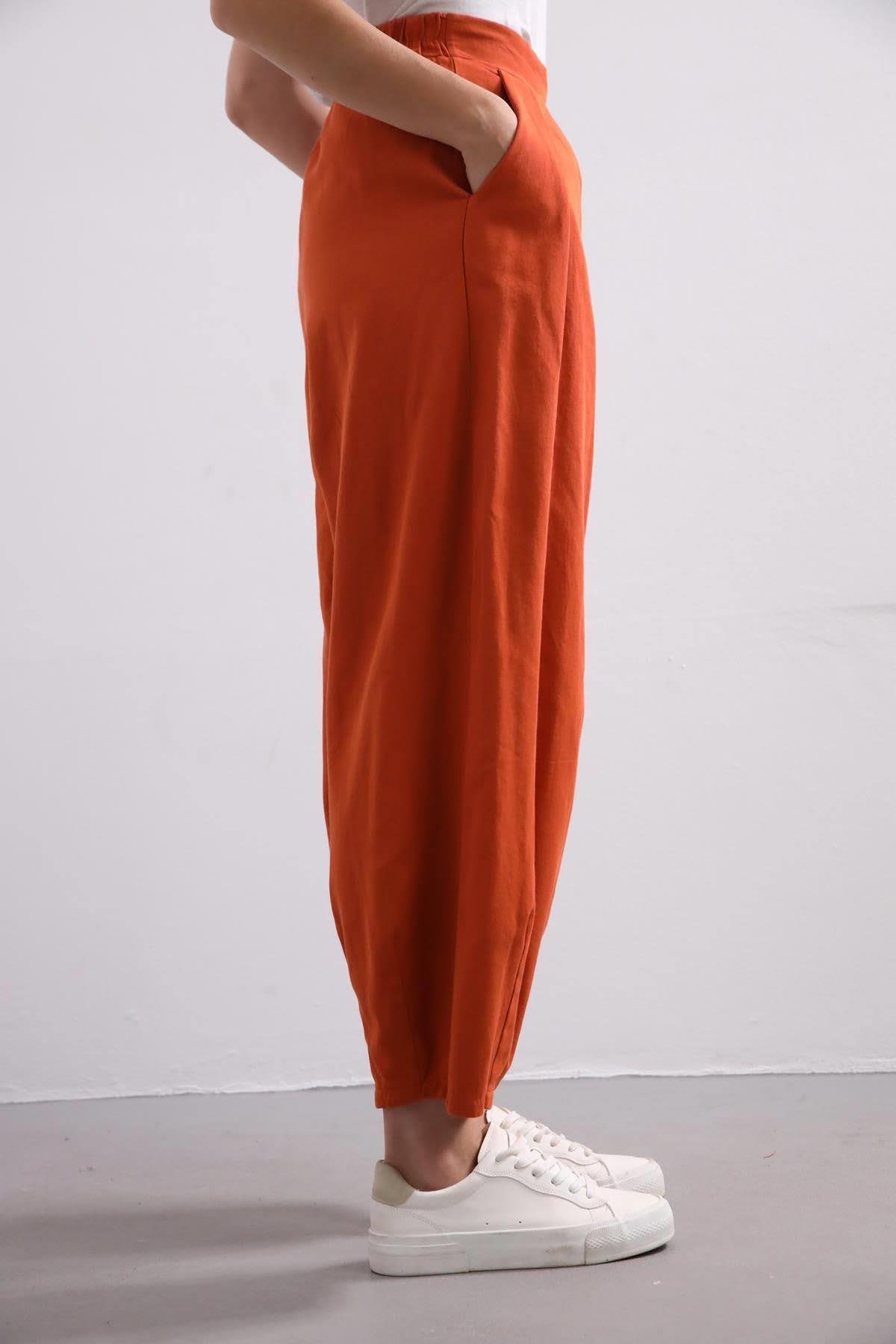 Kiremit Rengi Paçadan Pileli Salaş Pantolon - Şaman Butik - Bohem Giyim ve Aksesuar | Kadın & Erkek Kiremit Rengi Paçadan Pileli Salaş Pantolon