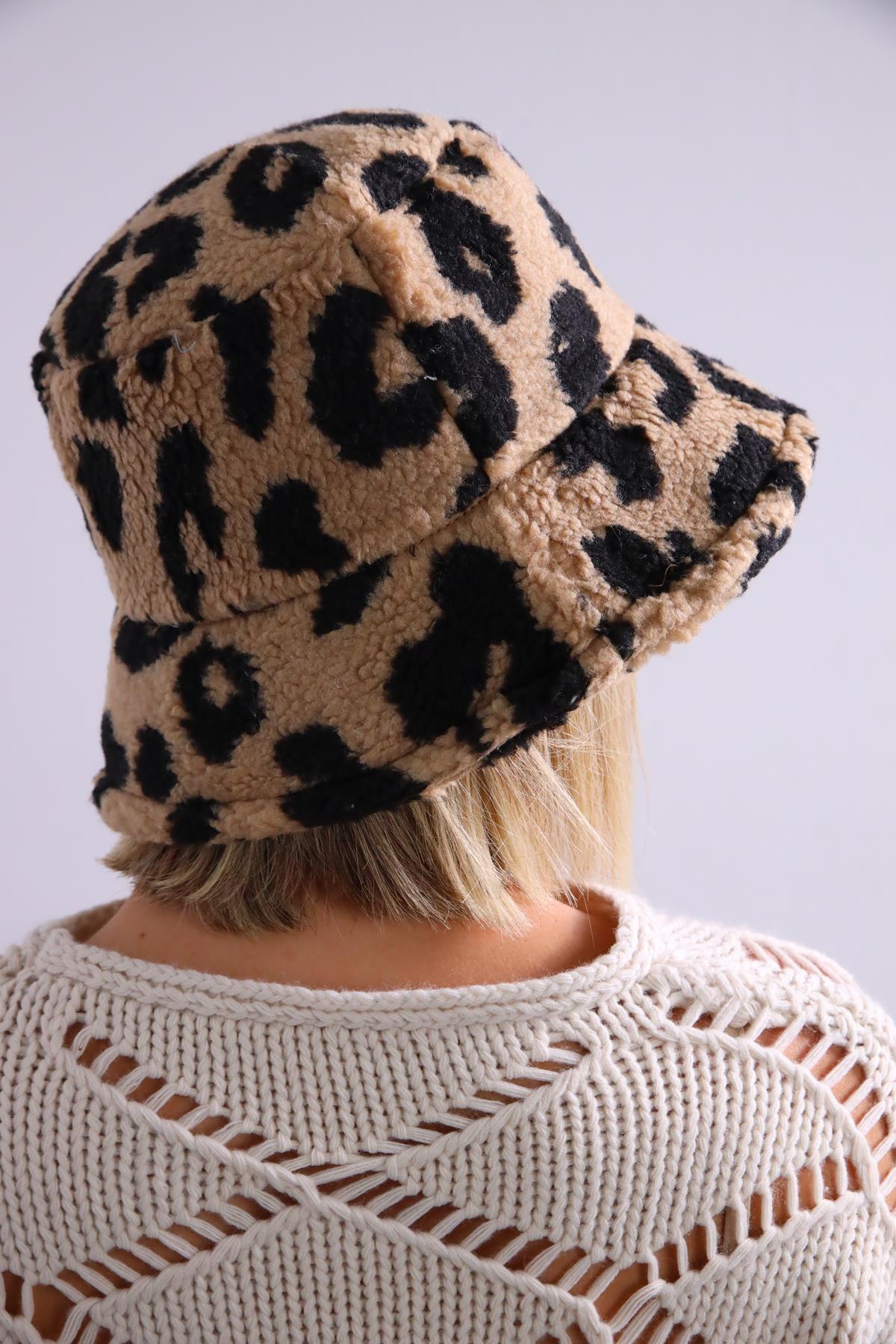  Camel Rengi Leopar Desen Bucket Şapka