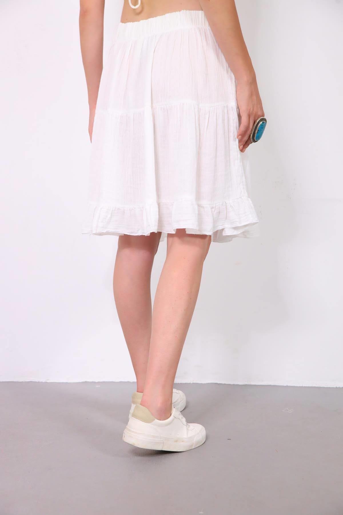  Beyaz Asimetrik Püsküllü Müslin Etek