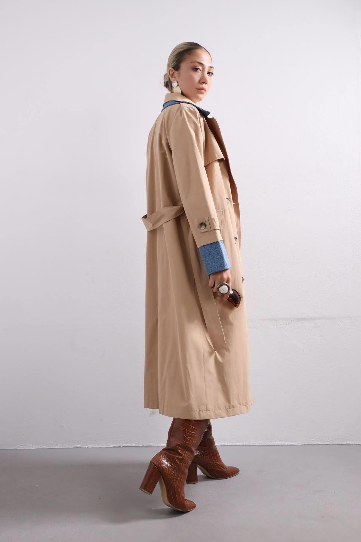  Camel Denim Parça Detaylı Trençkot