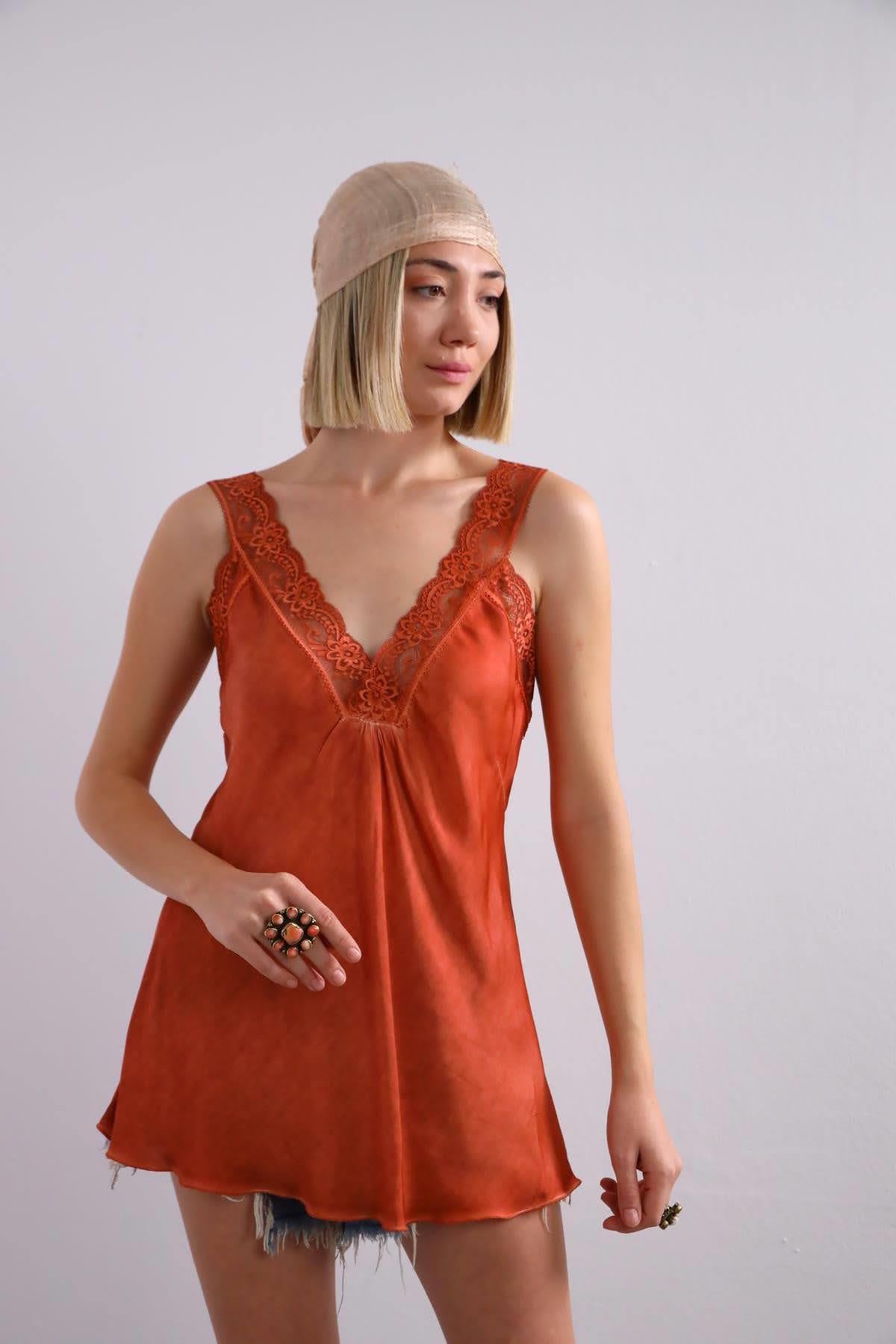 Navy Blue Floral Stitched Waist Shirt Dress - Şaman Butik Brick Red Lace Embroidered Silk Tank Top