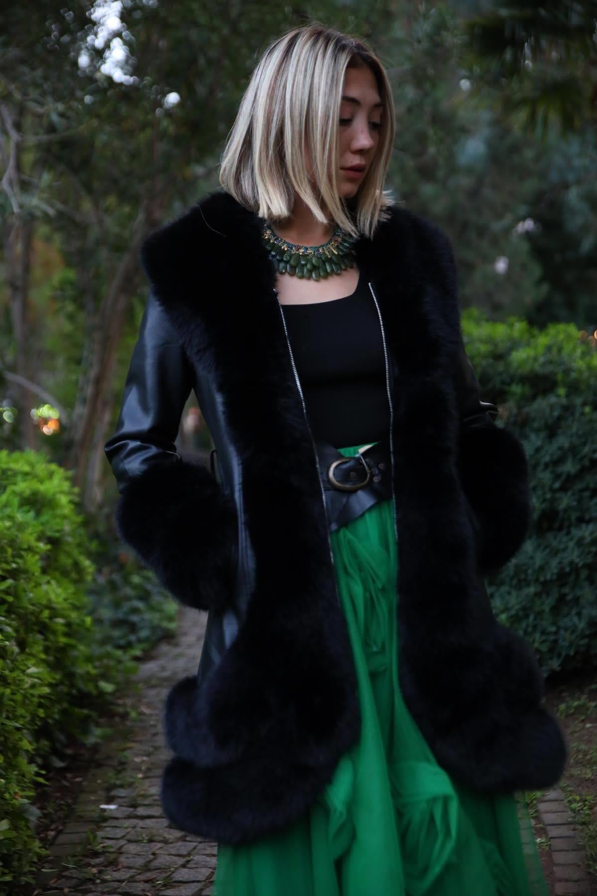 Black Fur Detailed Hooded Leather Coat Black Fur Detailed Hooded Leather Coat
