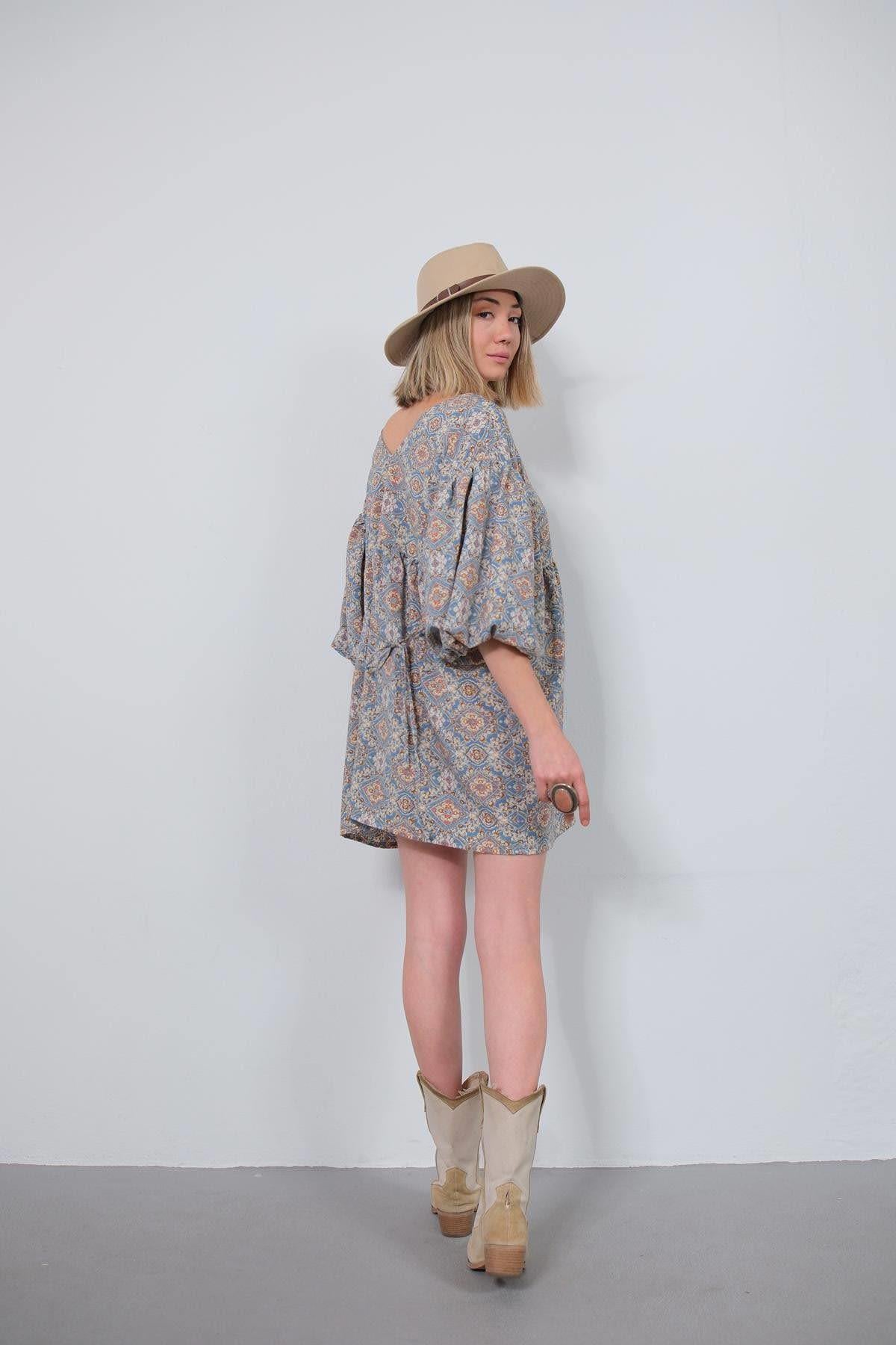 Mavi Önü Arkası V Yaka Elbise - Şaman Butik Mavi Önü Arkası V Yaka Elbise