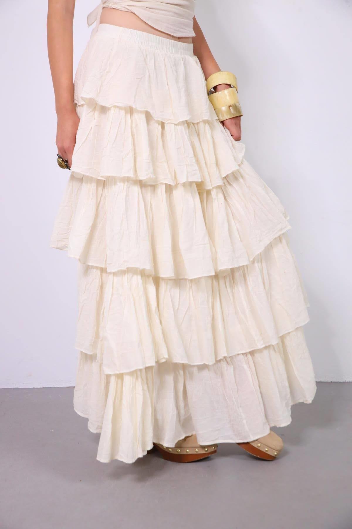  Ekru Beli Lastikli Kat Kat Bohem Etek