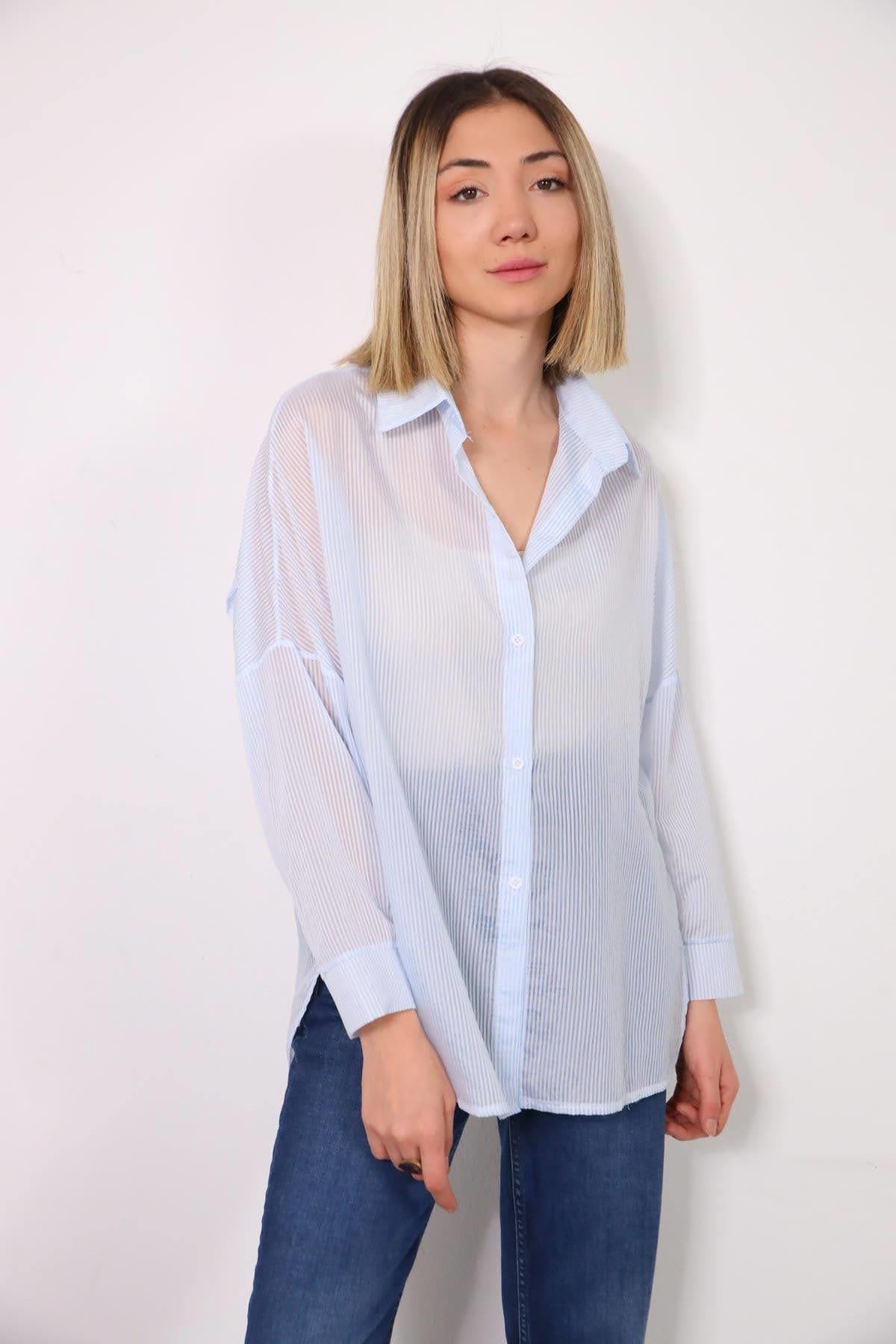 Mavi Çizgili Dik Yaka Gömlek - Şaman Butik Mavi Çizgili Dik Yaka Gömlek