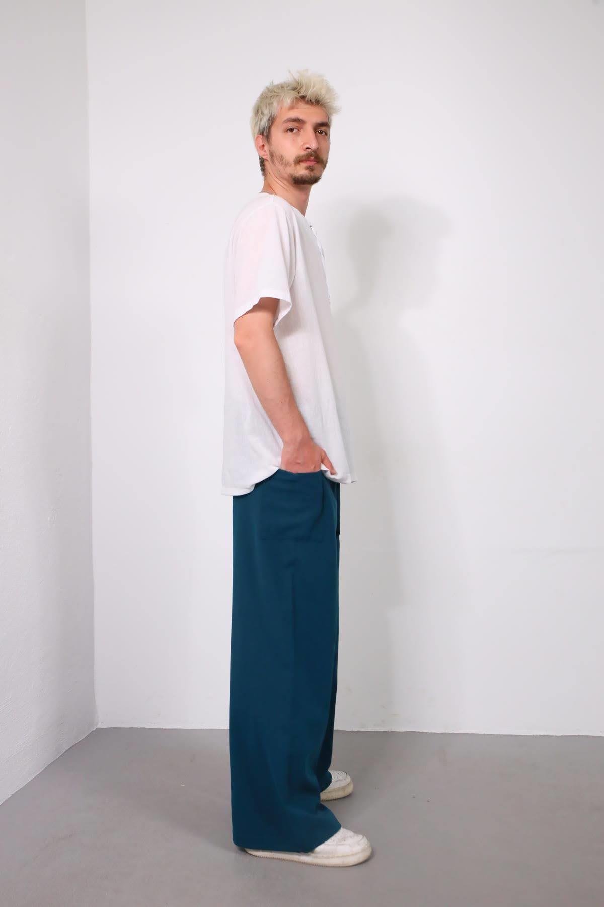  Petrol Mavisi Beli Desenli Balıkçı Pantolon