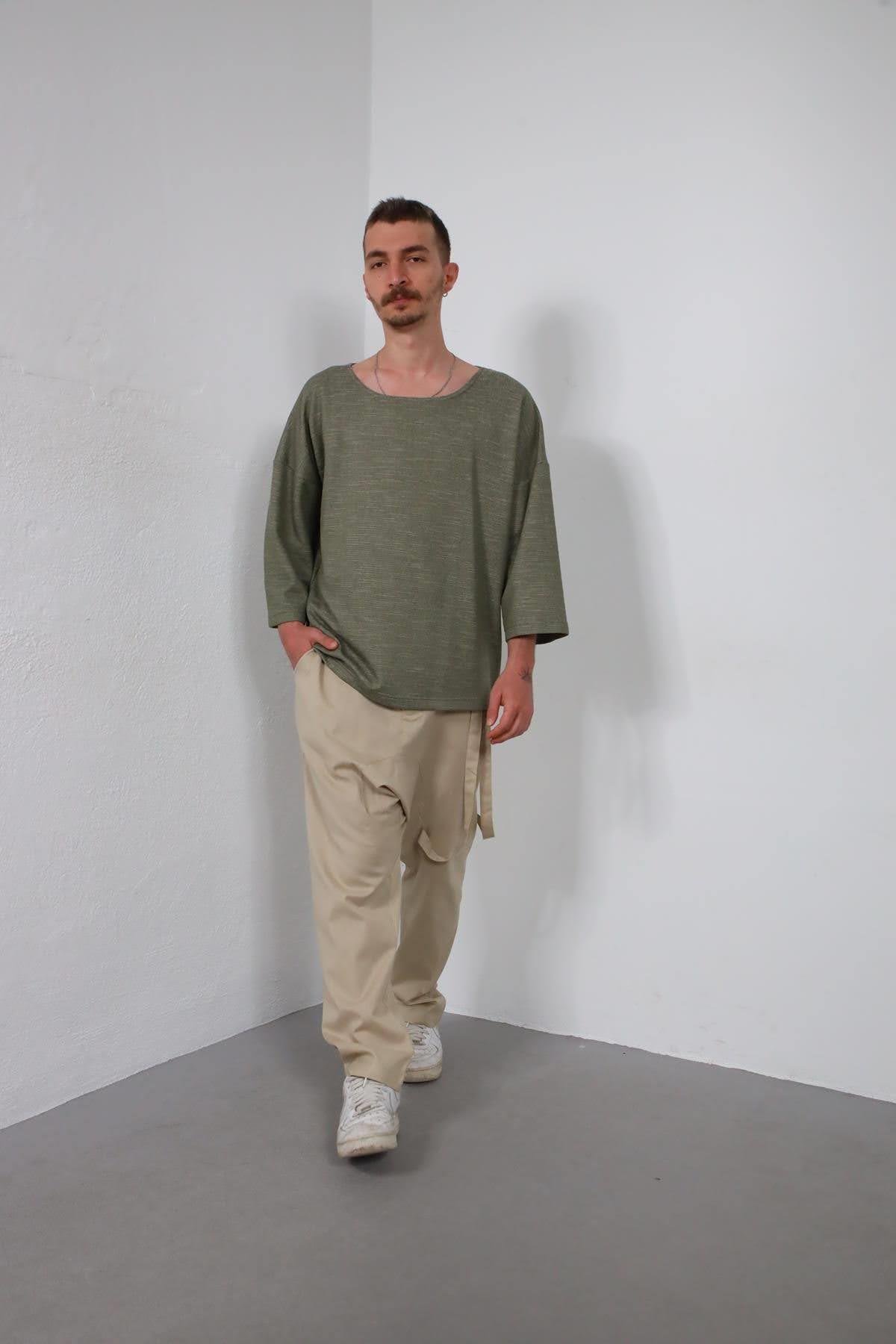  Haki Geniş Yaka Truvakar Kol Erkek Sweatshirt