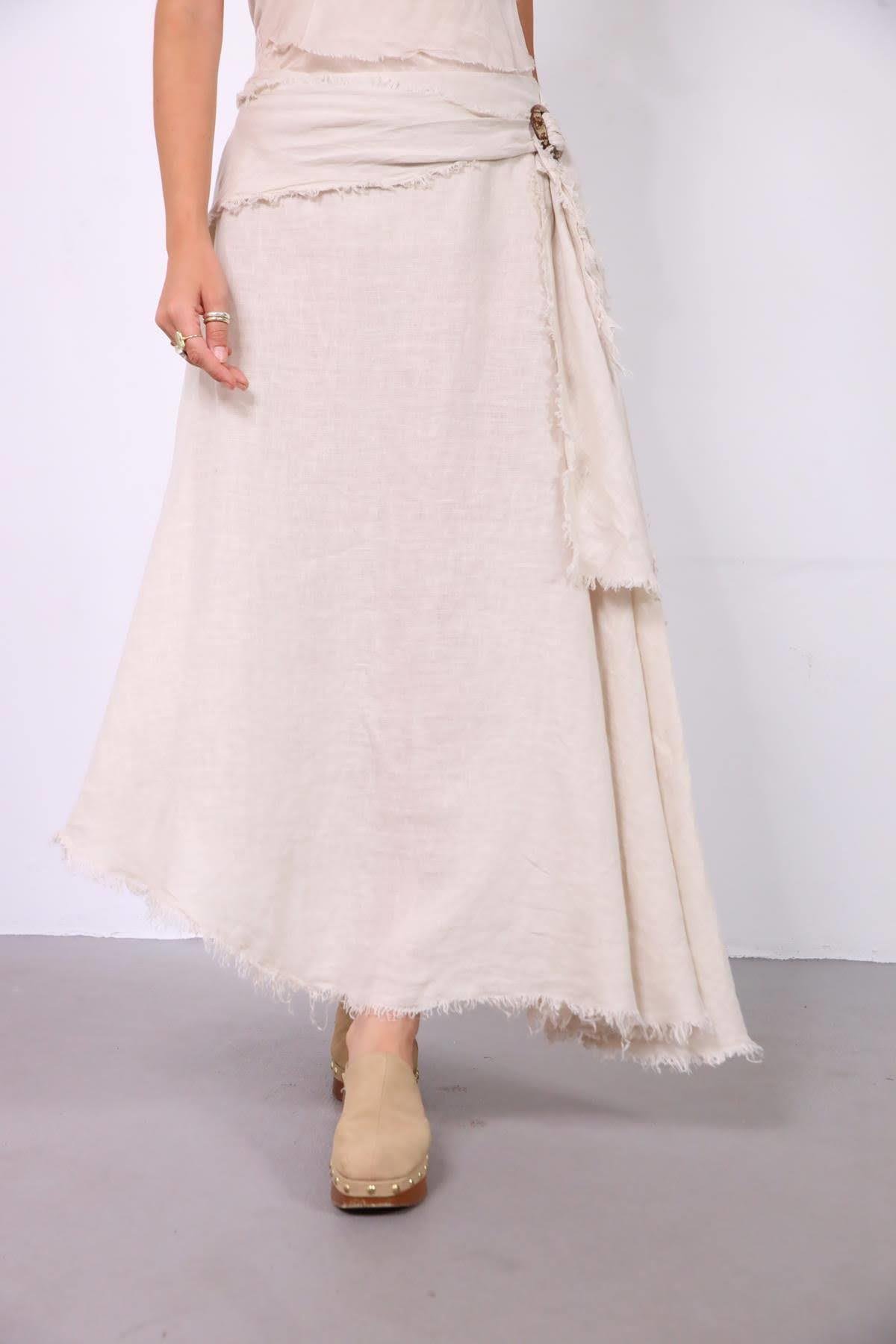  Krem Rengi Püsküllü Kemerli Keten Etek