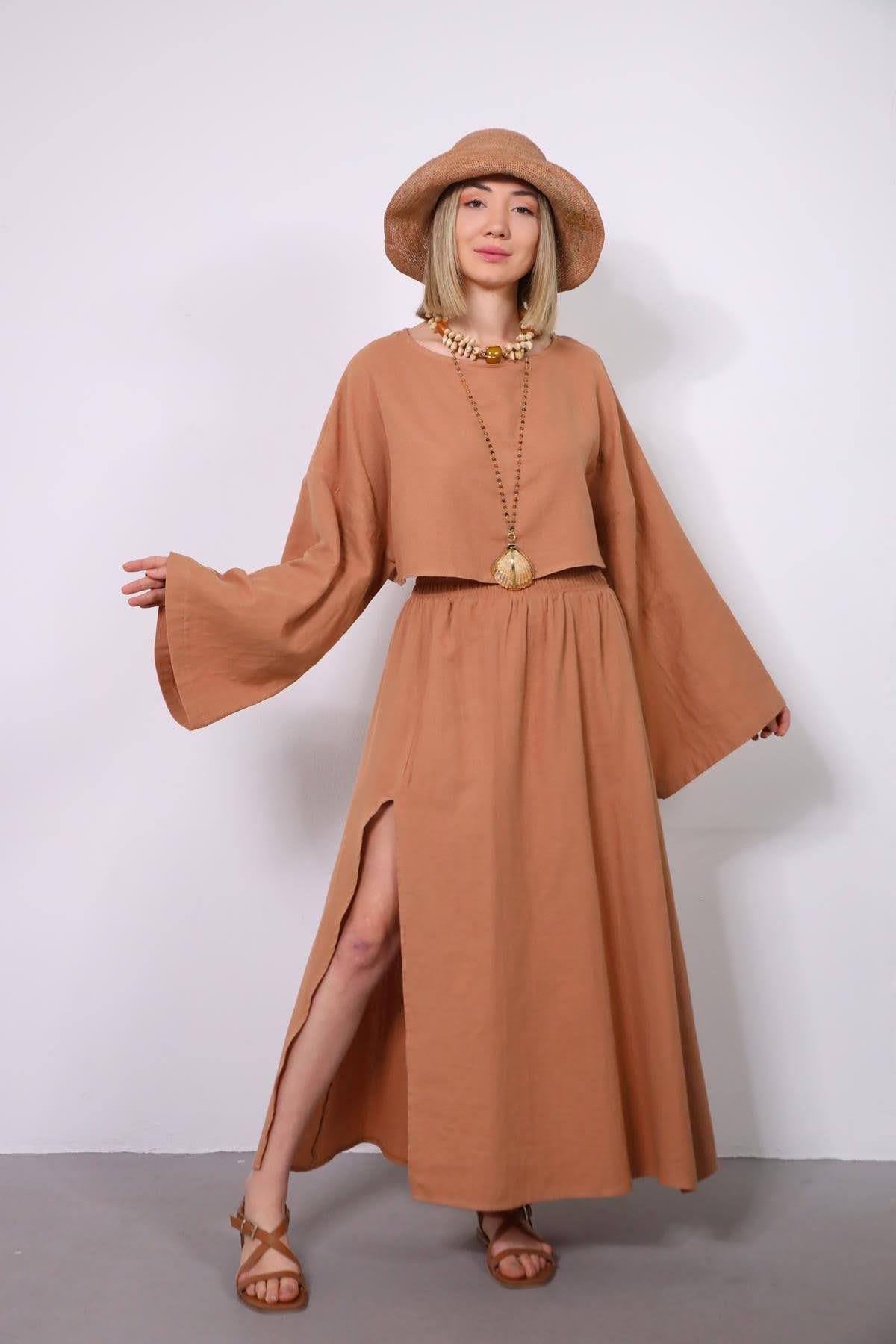  Somon Rengi Yırtmaçlı Etek ve Crop Takım