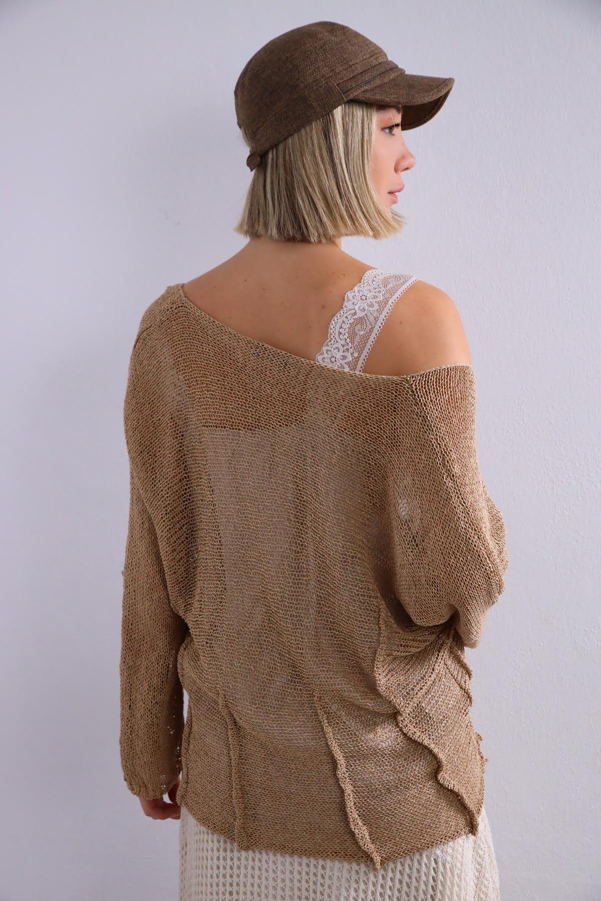 Camel Rengi Kare Yaka Dikiş Detay Merserize Bluz - Şaman Butik Camel Rengi Kare Yaka Dikiş Detay Merserize Bluz