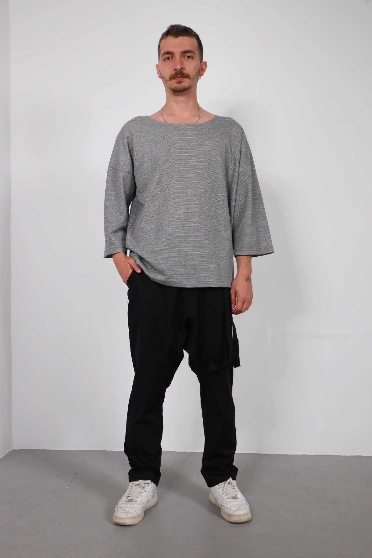  Gri Geniş Yaka Truvakar Kol Erkek Sweatshirt