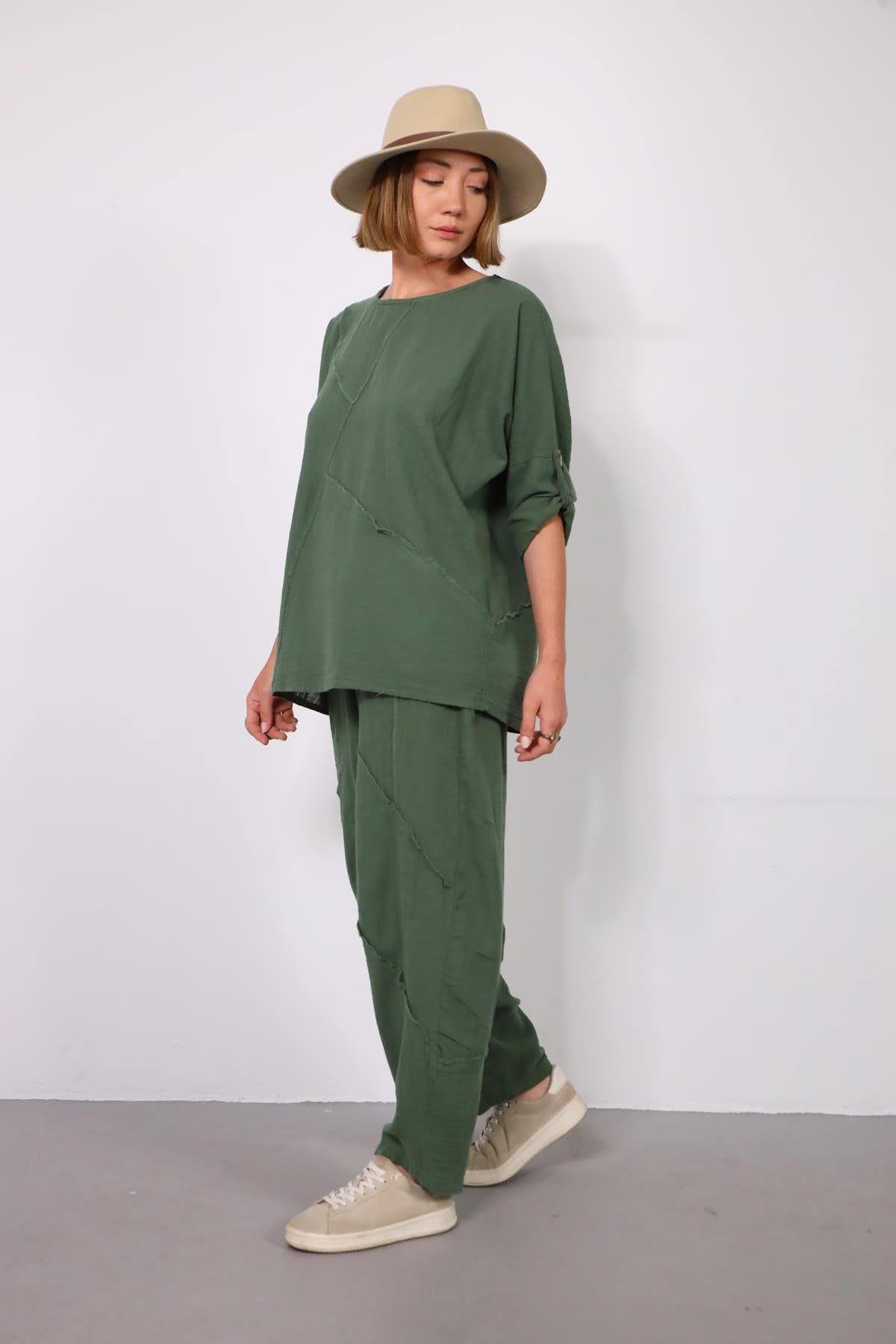  Haki Müslin Parçalı Dikişli Pantolon ve Bluz Takım