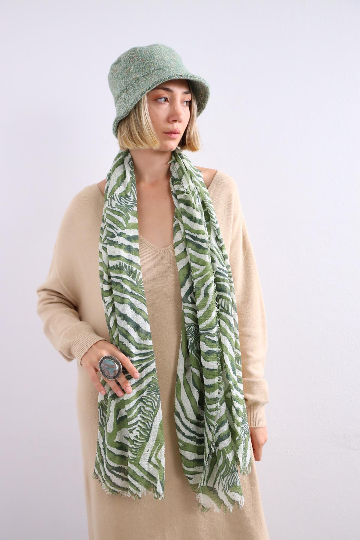  Fıstık Yeşili Desenli Saçaklı Şal