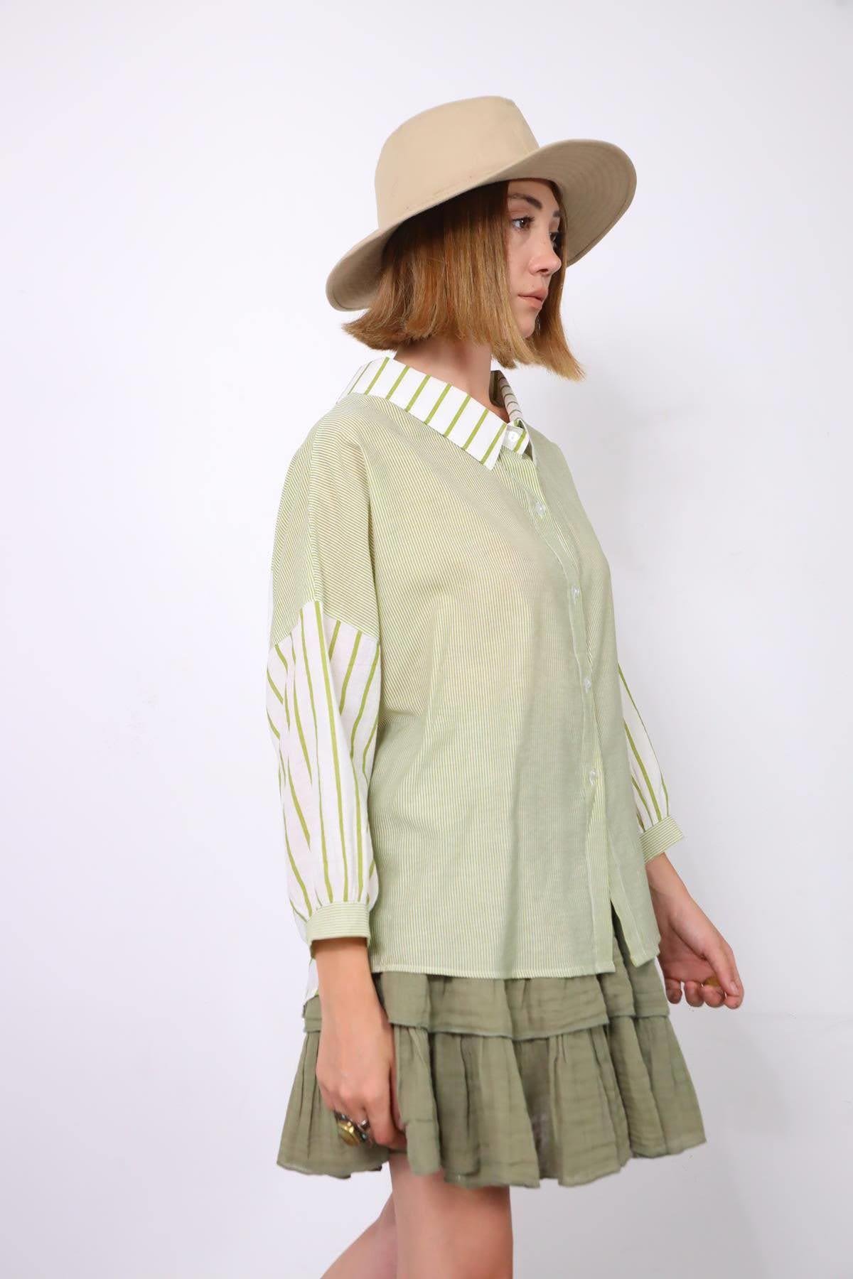  Fıstık Yeşili Arkası Bağlamalı Çizgili Otantik Gömlek