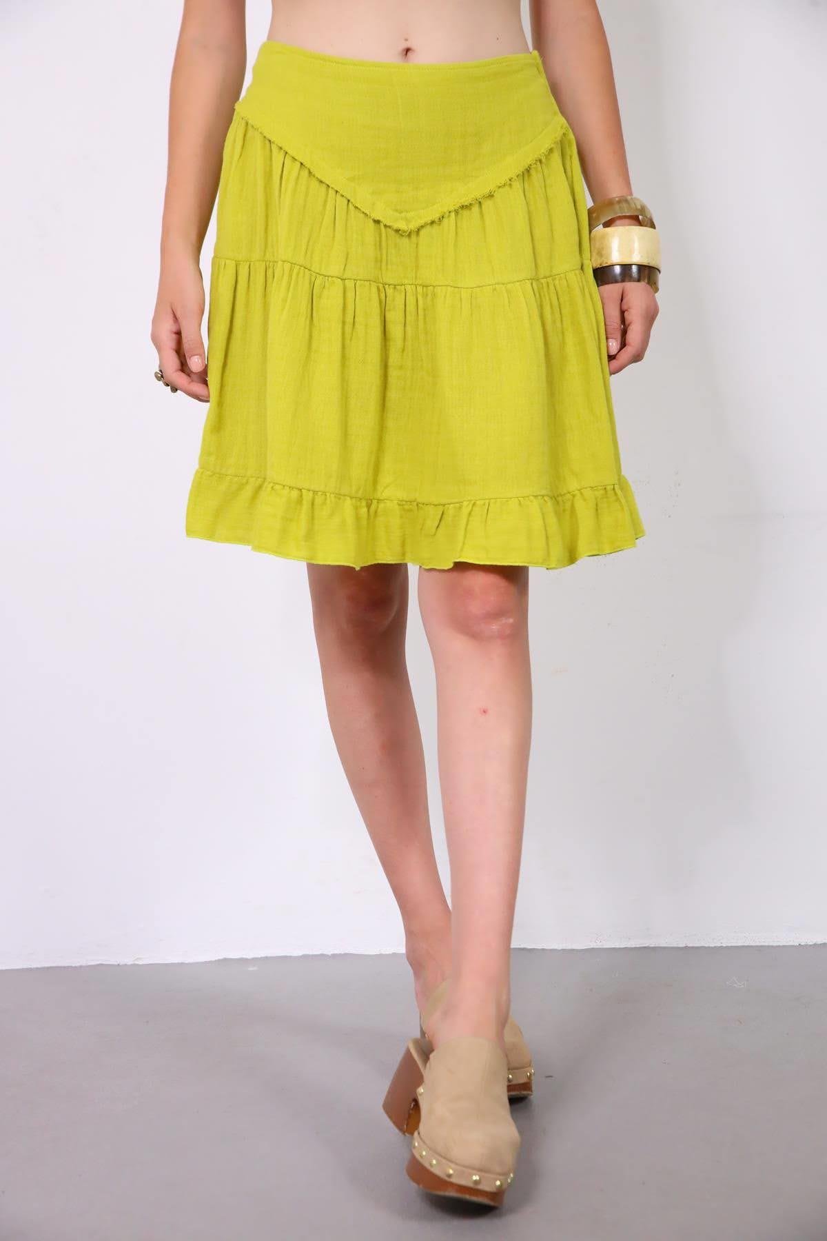  Fıstık Yeşili Asimetrik Püsküllü Müslin Etek