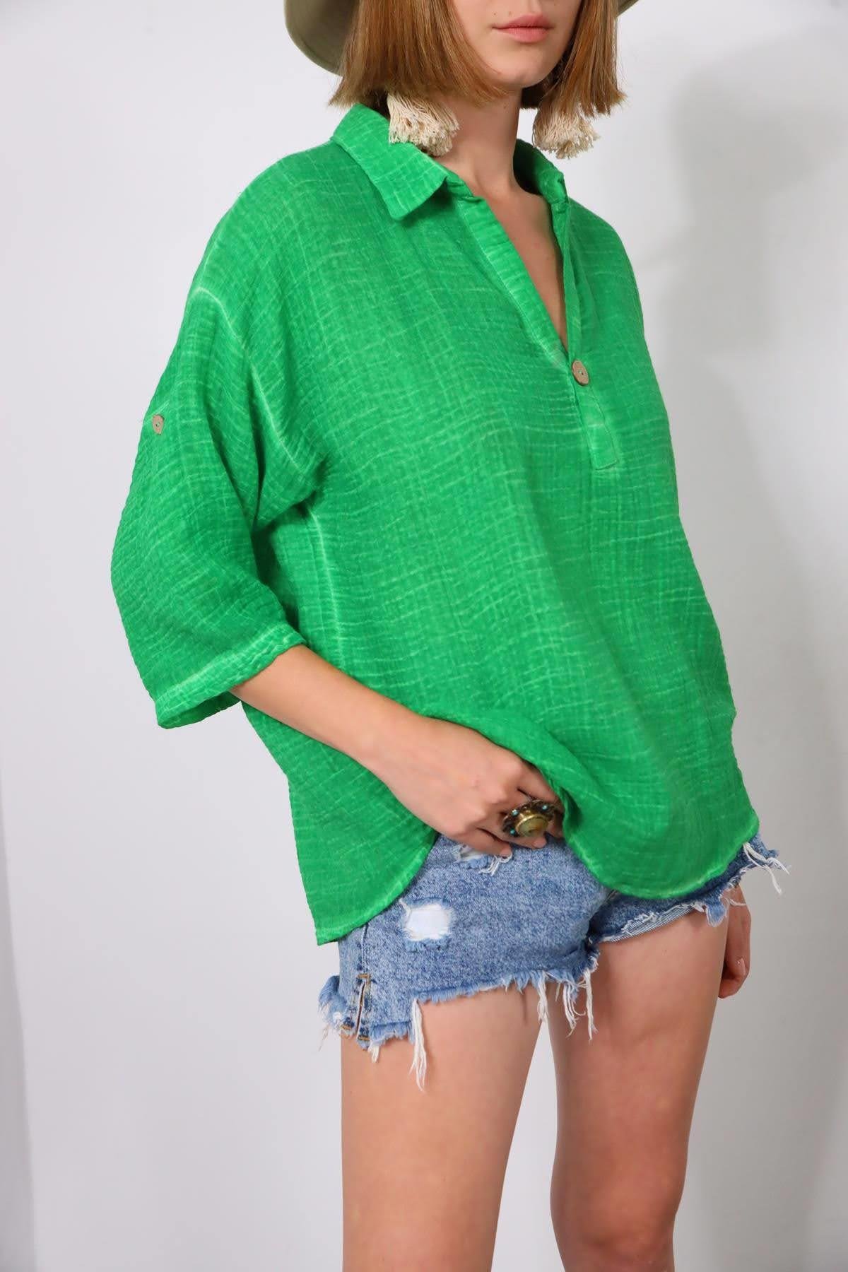  Yeşil Yağ Yıkama Müslin Tek Düğmeli Gömlek