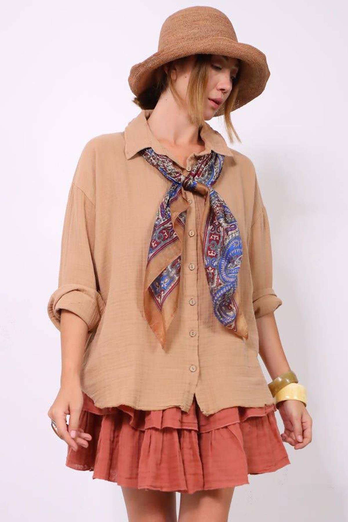 Sütlü Kahve Desenli İpek Şal - Şaman Butik Sütlü Kahve Desenli İpek Şal