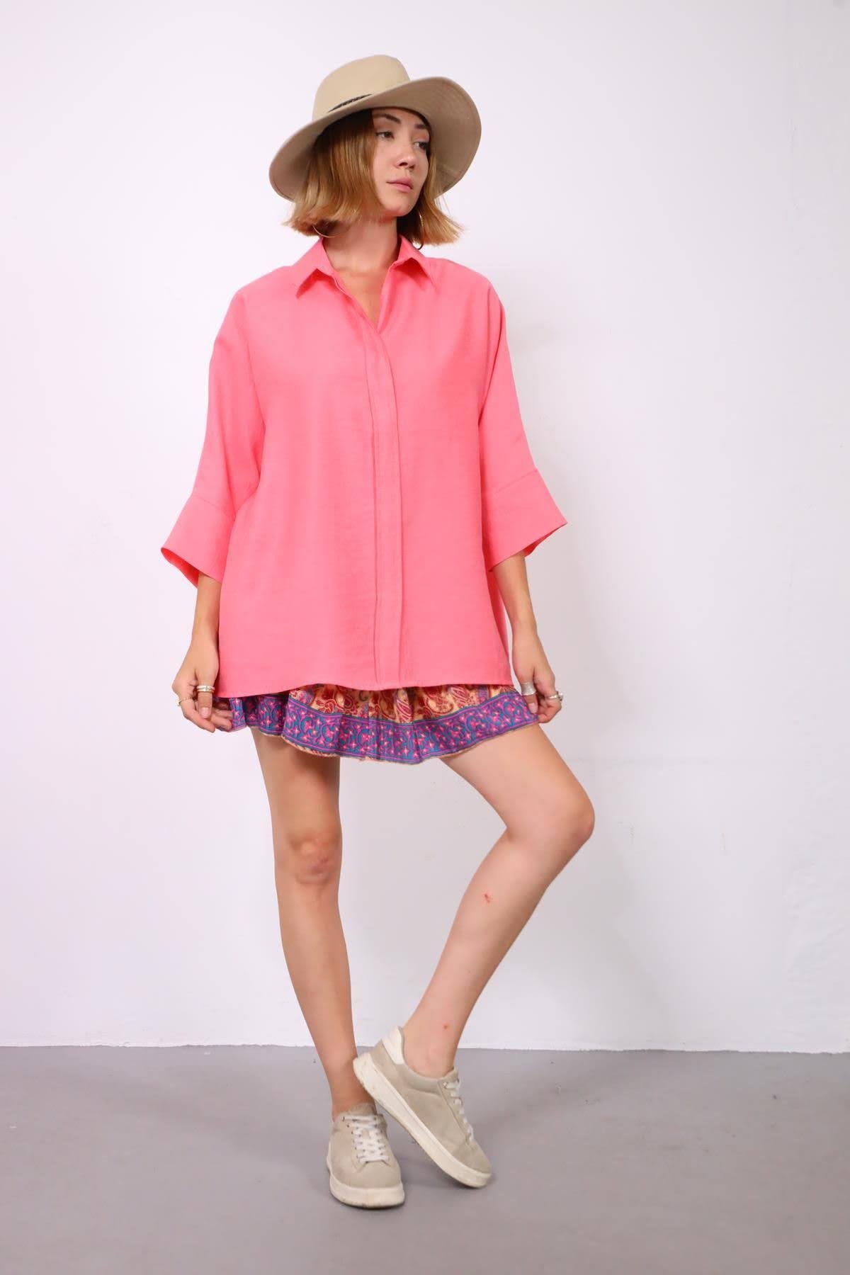  Pembe Yarasa Kol Arkası Dikişli Gömlek