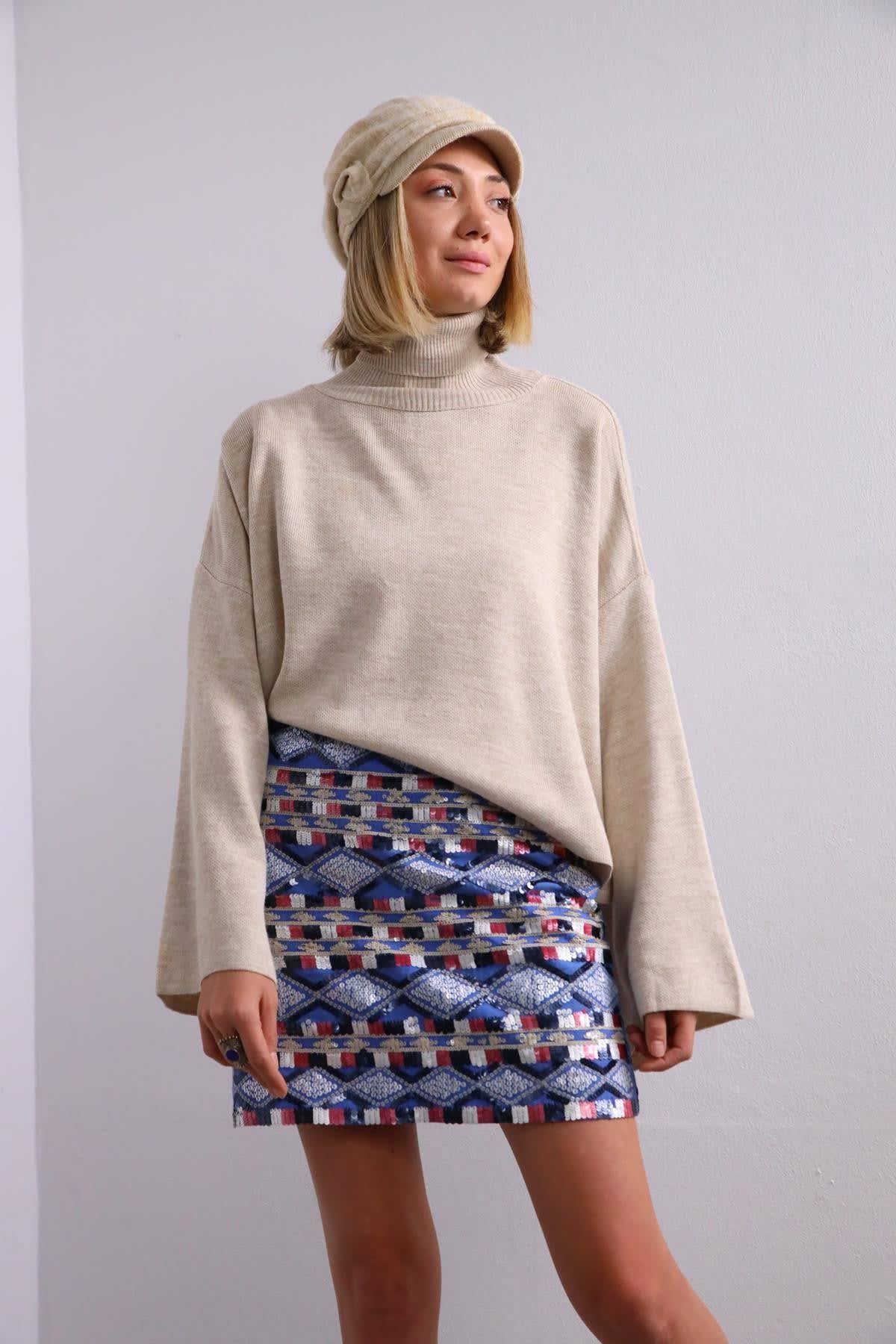  Bej Boğazlı İspanyol Kol Salaş Triko Kazak