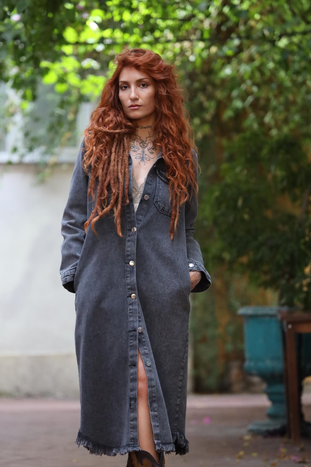 Füme Eteği Püsküllü Kot Gömlek Elbise