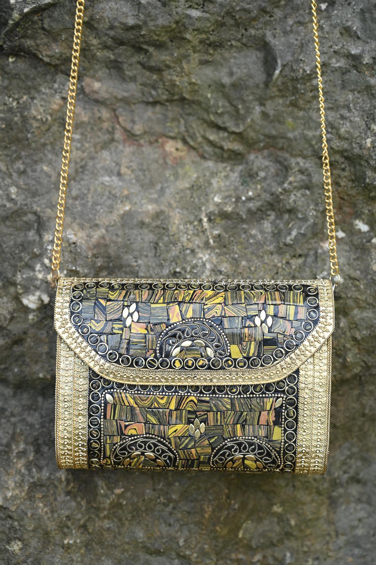 Gold Rengi Taşlı Özel Tasarım Çanta