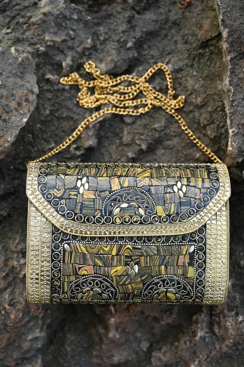 Gold Rengi Taşlı Özel Tasarım Çanta