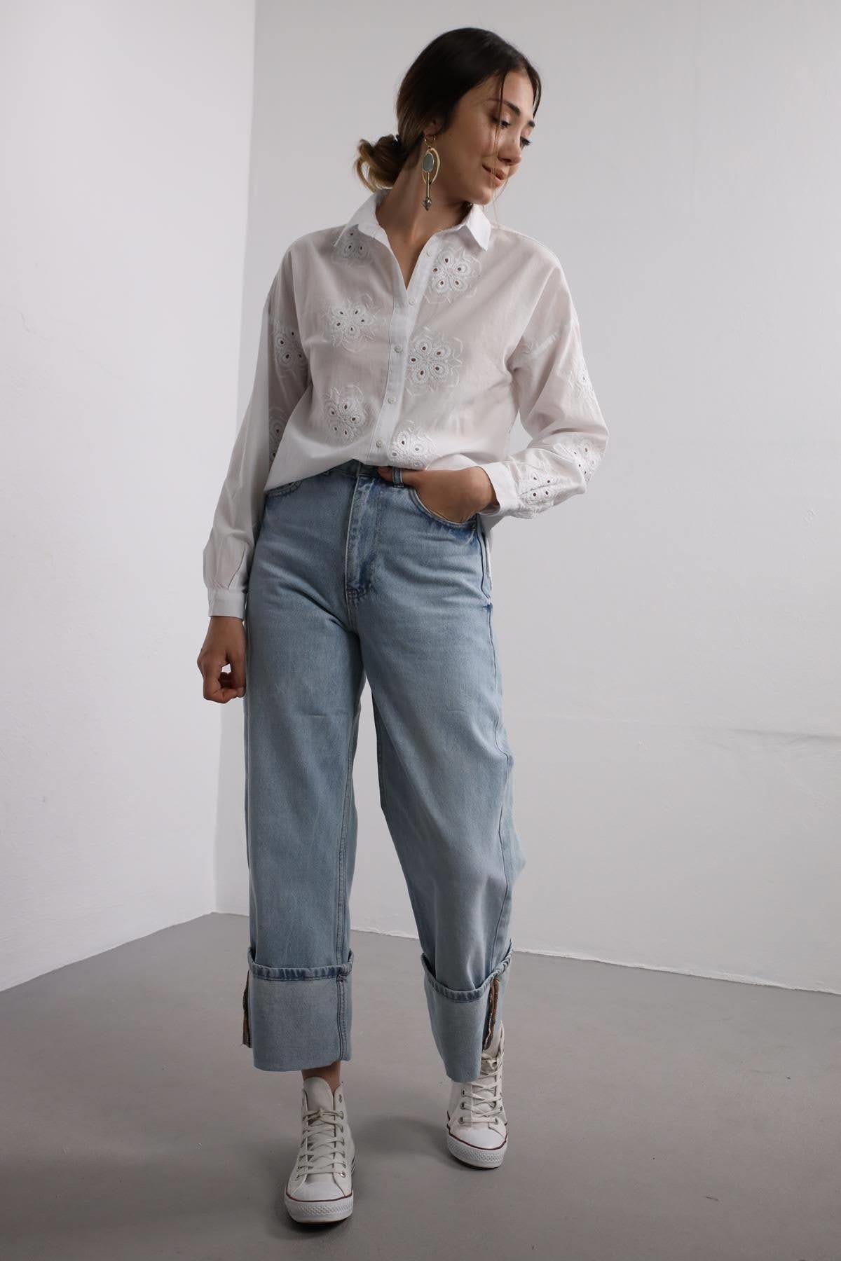  Beyaz Çiçek Güpürlü Gömlek