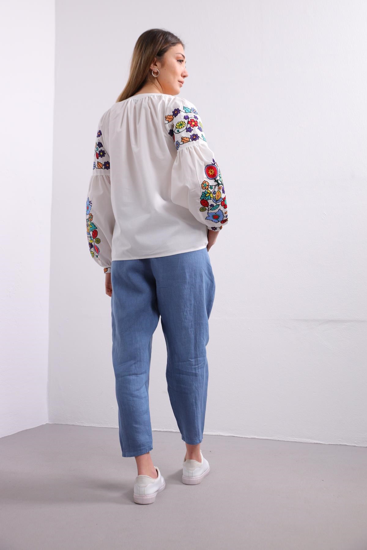 White Embroidery Bishop Sleeve Lace Up Collar Shirt - Saman Butik | Shop Online White Embroidery Bishop Sleeve Lace Up Collar Shirt