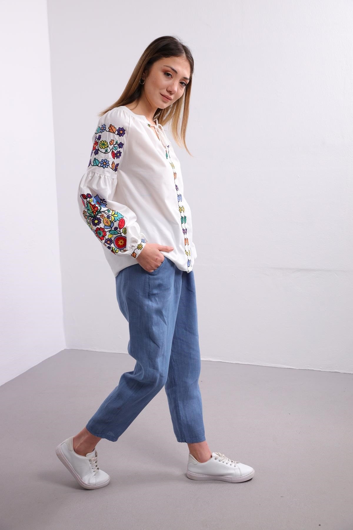 White Embroidery Bishop Sleeve Lace Up Collar Shirt - Saman Butik | Shop Online White Embroidery Bishop Sleeve Lace Up Collar Shirt