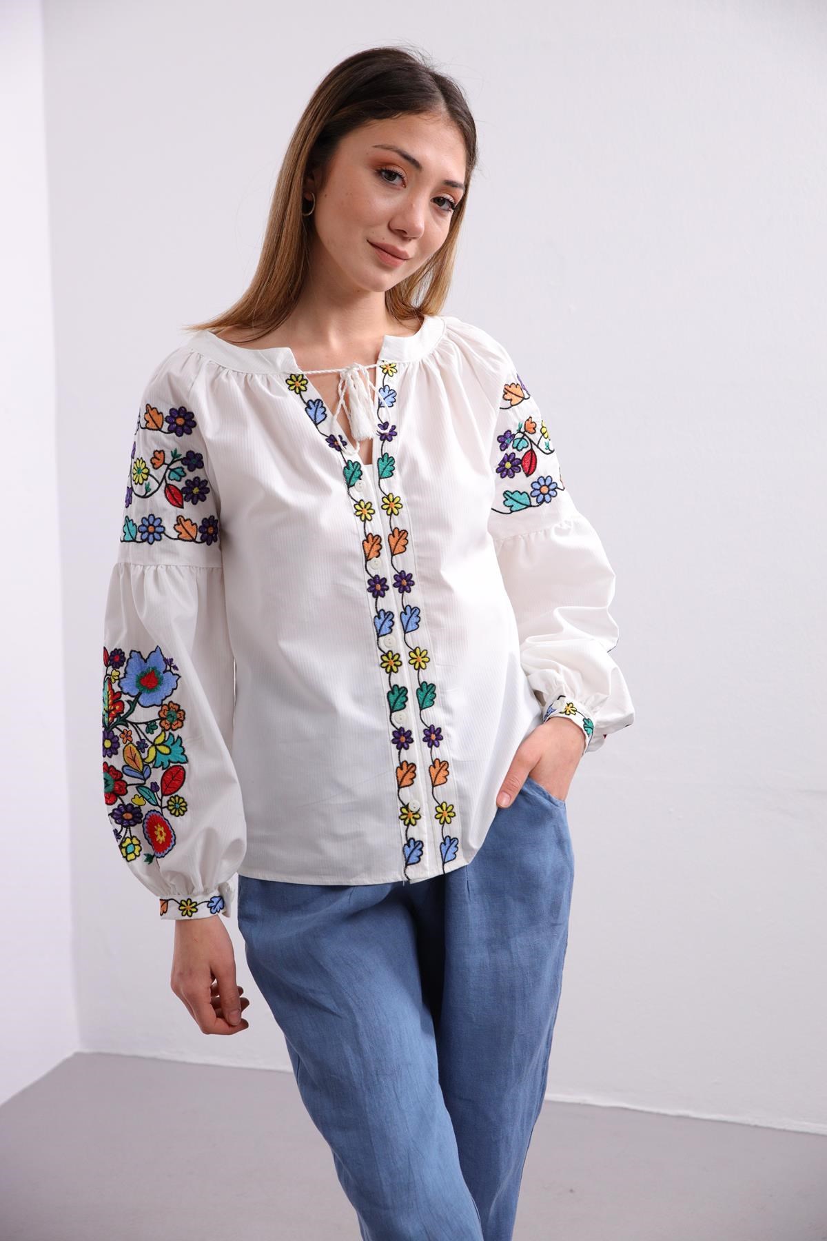 White Embroidery Bishop Sleeve Lace Up Collar Shirt - Saman Butik | Shop Online White Embroidery Bishop Sleeve Lace Up Collar Shirt