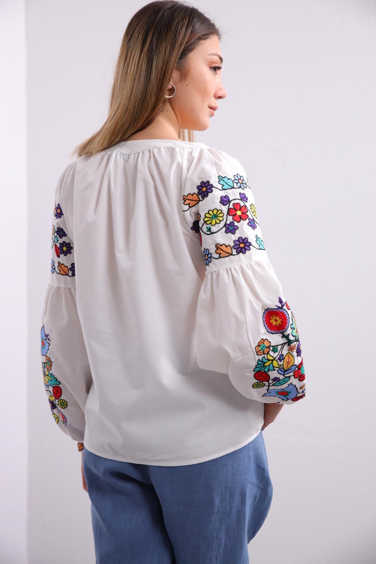 White Embroidery Bishop Sleeve Lace Up Collar Shirt - Saman Butik | Shop Online White Embroidery Bishop Sleeve Lace Up Collar Shirt