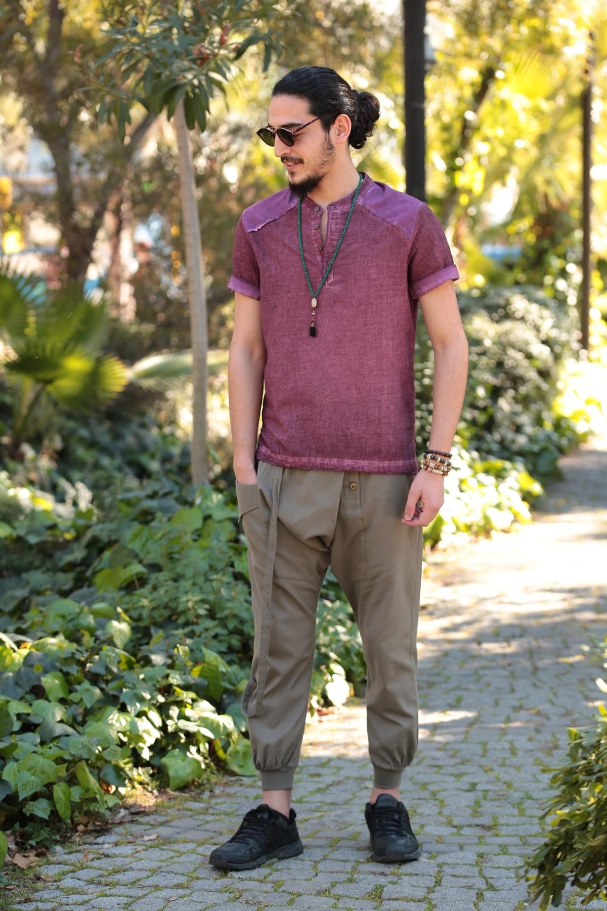  Bordo Dikiş Detay Yıkamalı Gömlek