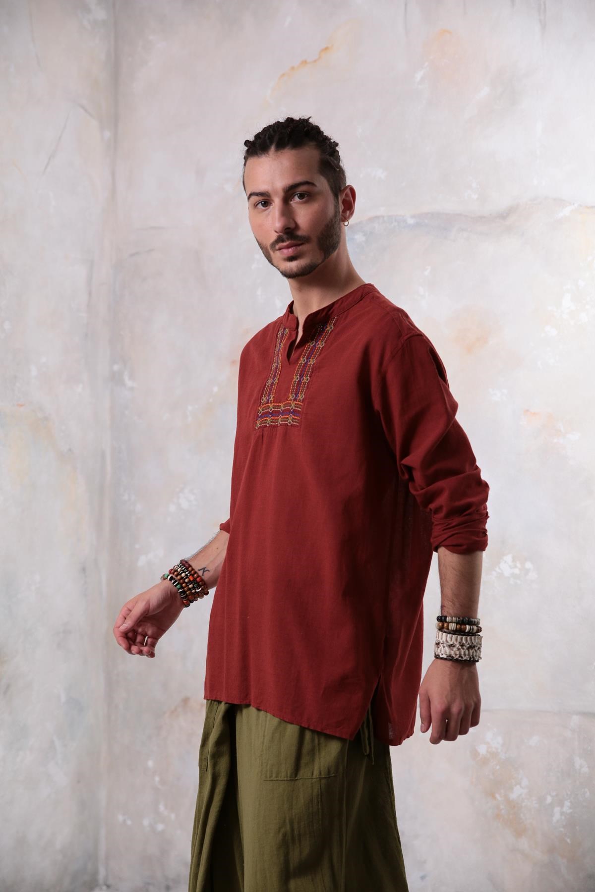 Burgundy Mandarin Collar Embroidery Detailed Cotton Shirt - Şaman Butik | Boho Fashion Burgundy Mandarin Collar Embroidery Detailed Cotton Shirt