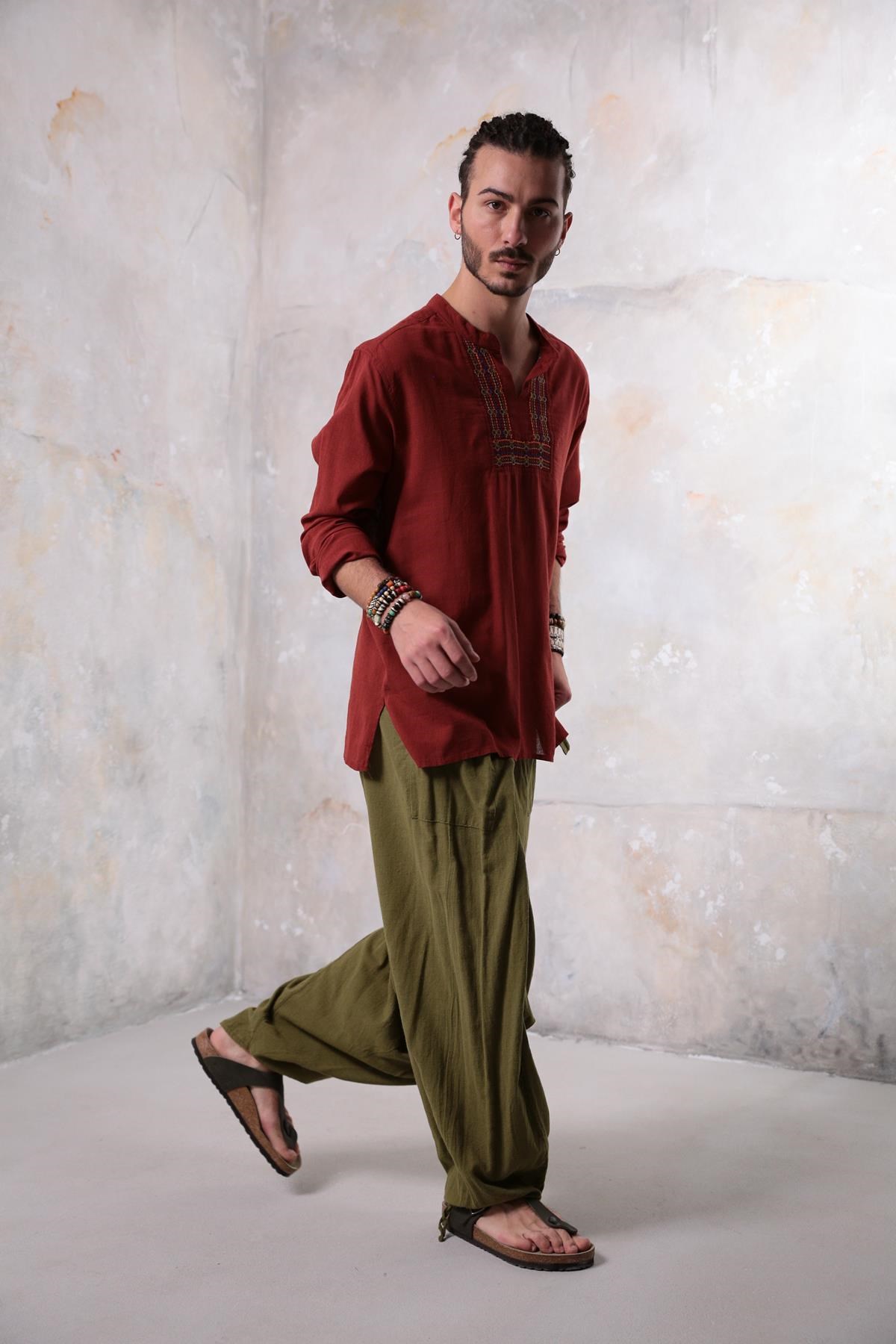 Burgundy Mandarin Collar Embroidery Detailed Cotton Shirt - Şaman Butik | Boho Fashion Burgundy Mandarin Collar Embroidery Detailed Cotton Shirt