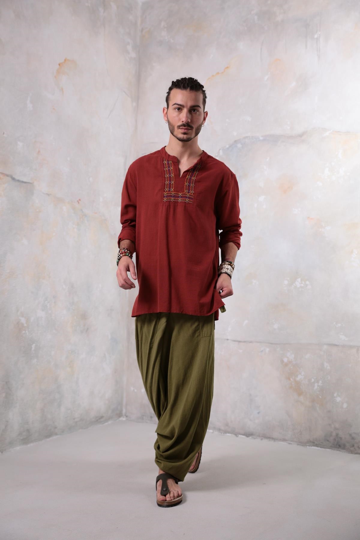 Burgundy Mandarin Collar Embroidery Detailed Cotton Shirt - Şaman Butik | Boho Fashion Burgundy Mandarin Collar Embroidery Detailed Cotton Shirt