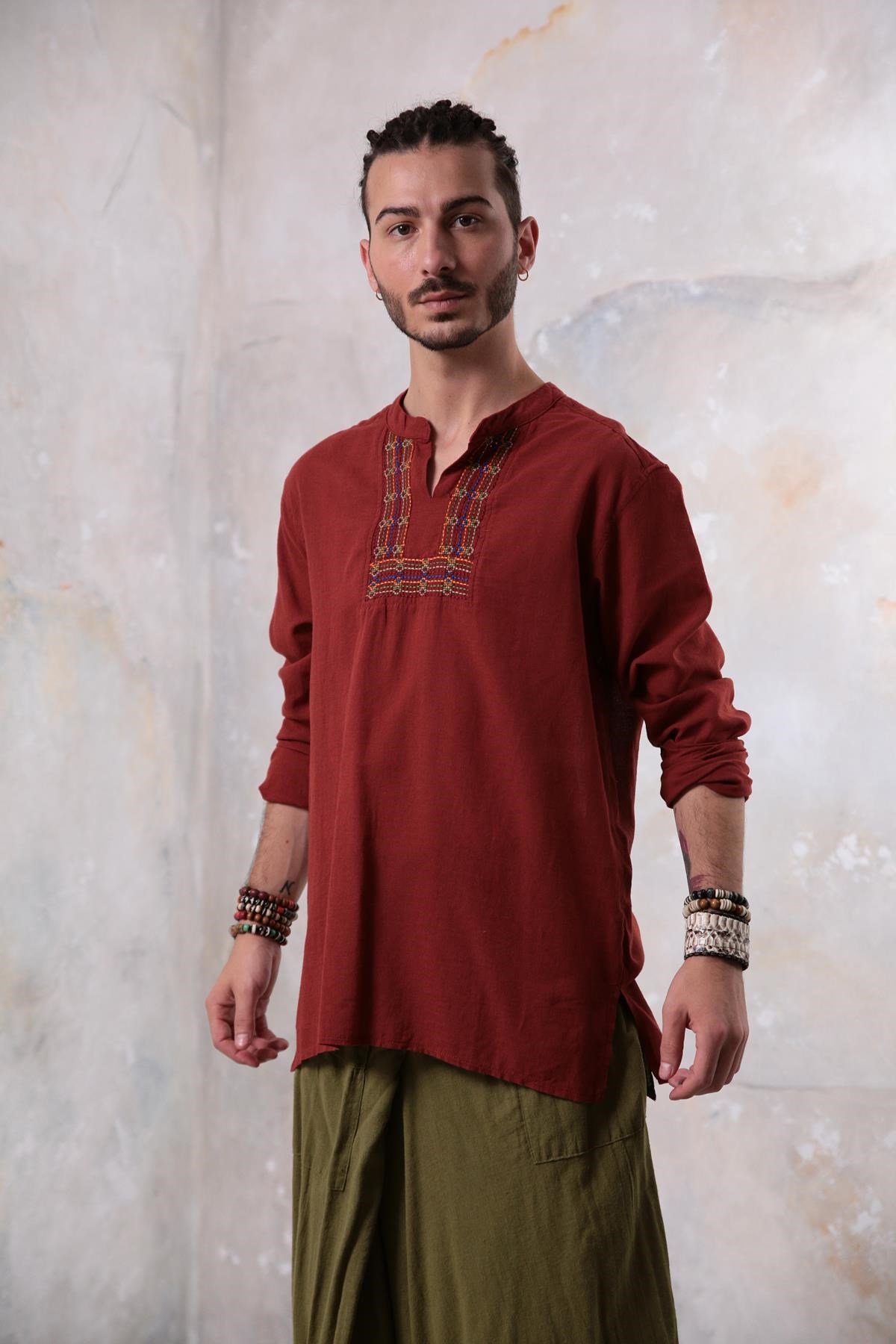 Burgundy Mandarin Collar Embroidery Detailed Cotton Shirt - Şaman Butik | Boho Fashion Burgundy Mandarin Collar Embroidery Detailed Cotton Shirt