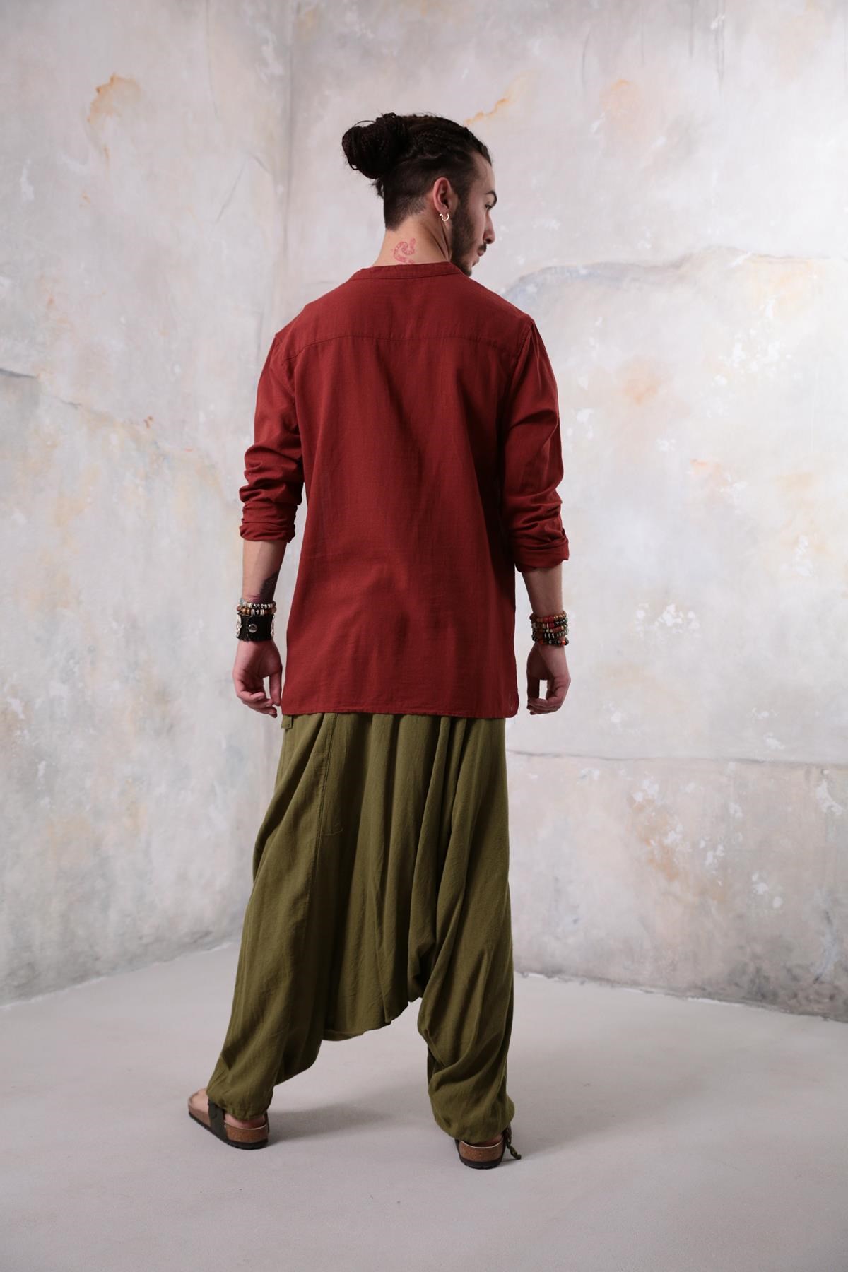 Burgundy Mandarin Collar Embroidery Detailed Cotton Shirt - Şaman Butik | Boho Fashion Burgundy Mandarin Collar Embroidery Detailed Cotton Shirt