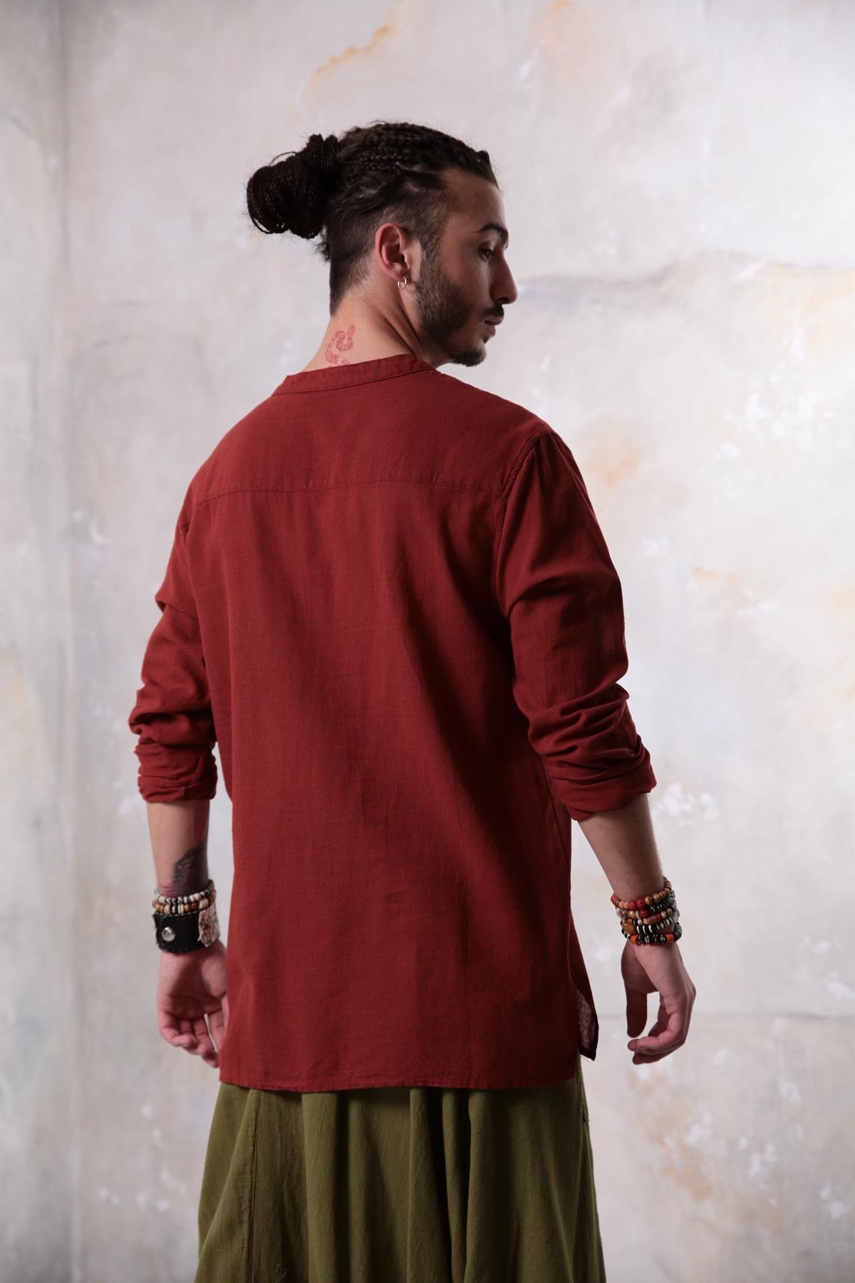 Burgundy Mandarin Collar Embroidery Detailed Cotton Shirt - Şaman Butik | Boho Fashion Burgundy Mandarin Collar Embroidery Detailed Cotton Shirt