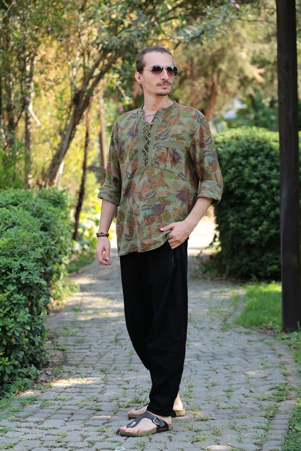  Haki Desenli Yakası Bağcıklı Bohem Erkek Gömlek