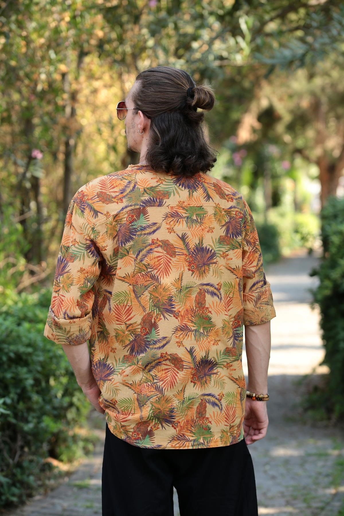  Hardal Desenli Yakası Bağcıklı Bohem Erkek Gömlek