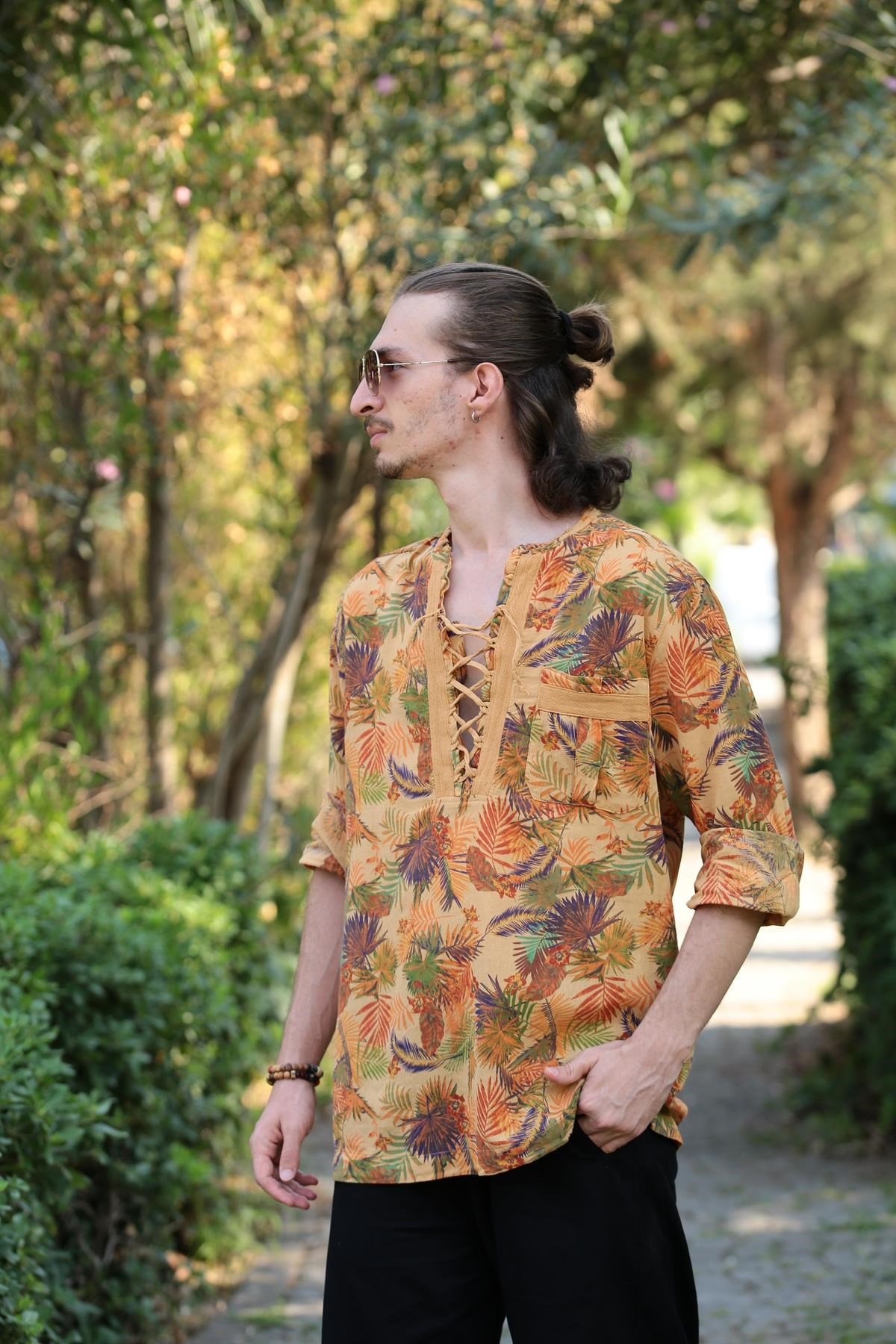  Hardal Desenli Yakası Bağcıklı Bohem Erkek Gömlek