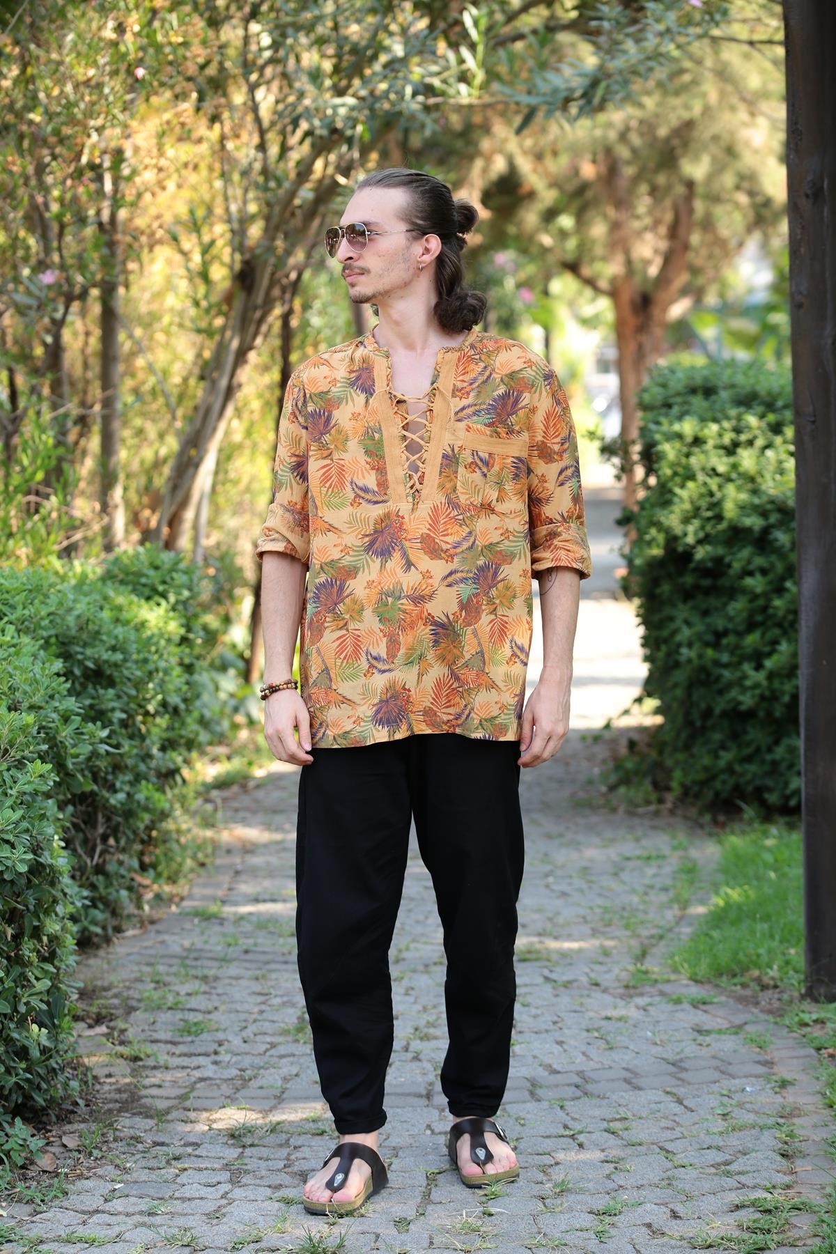  Hardal Desenli Yakası Bağcıklı Bohem Erkek Gömlek