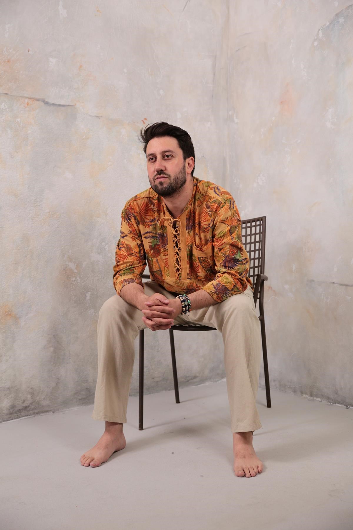 Saman Butik | Shop Online Mustard Patterned Bohemian Men's Shirt with Lace-Up Collar