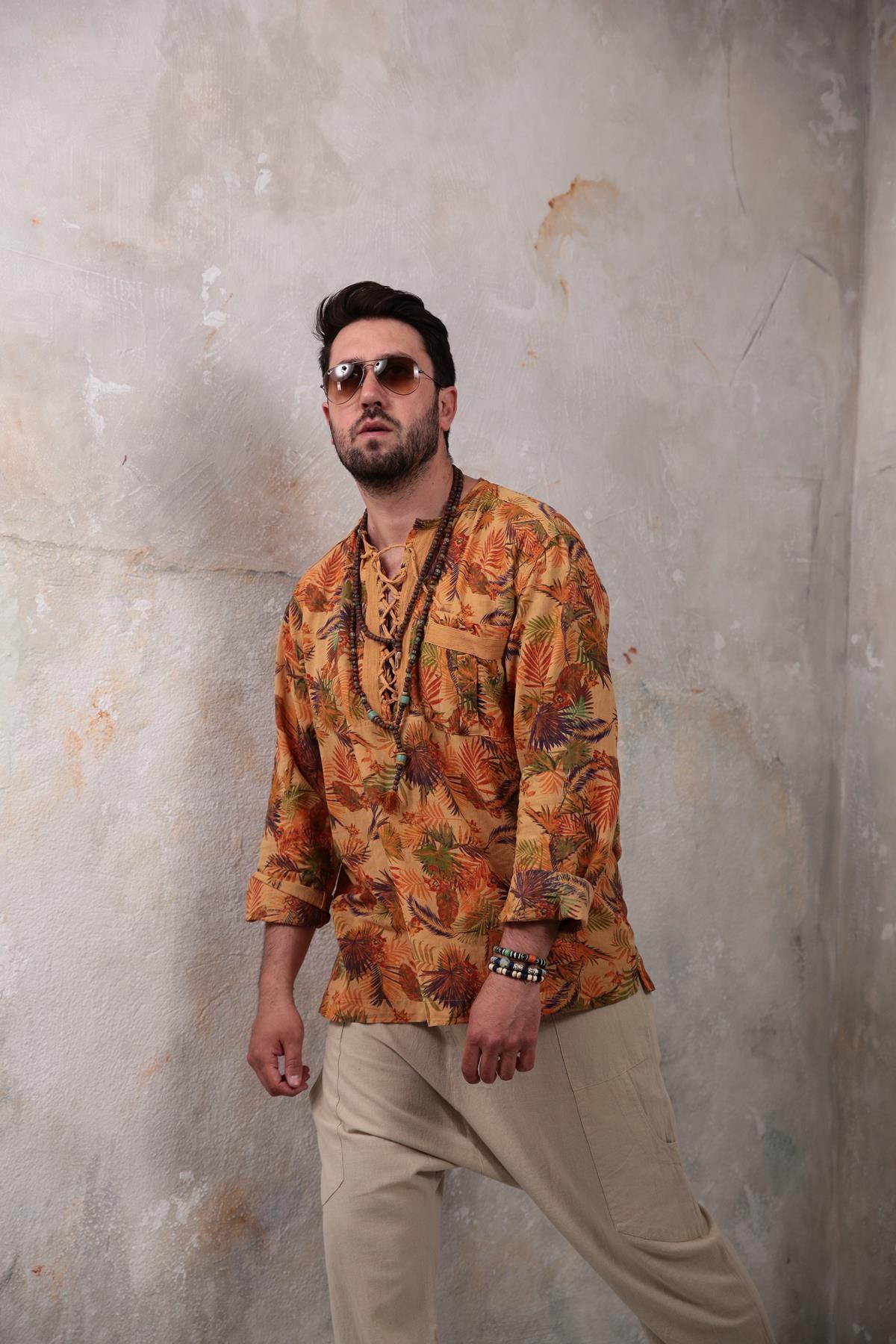 Saman Butik | Shop Online Mustard Patterned Bohemian Men's Shirt with Lace-Up Collar