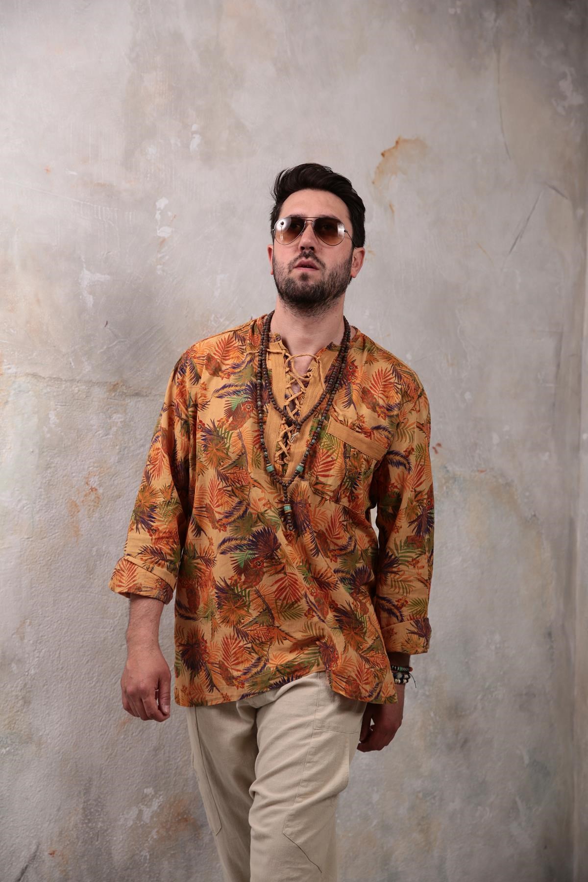 Saman Butik | Shop Online Mustard Patterned Bohemian Men's Shirt with Lace-Up Collar