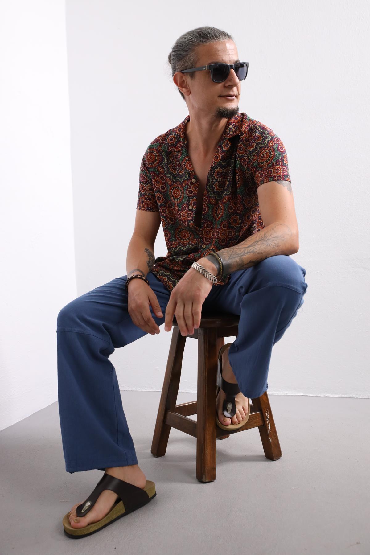  Kahverengi Retro Desen Erkek Gömlek