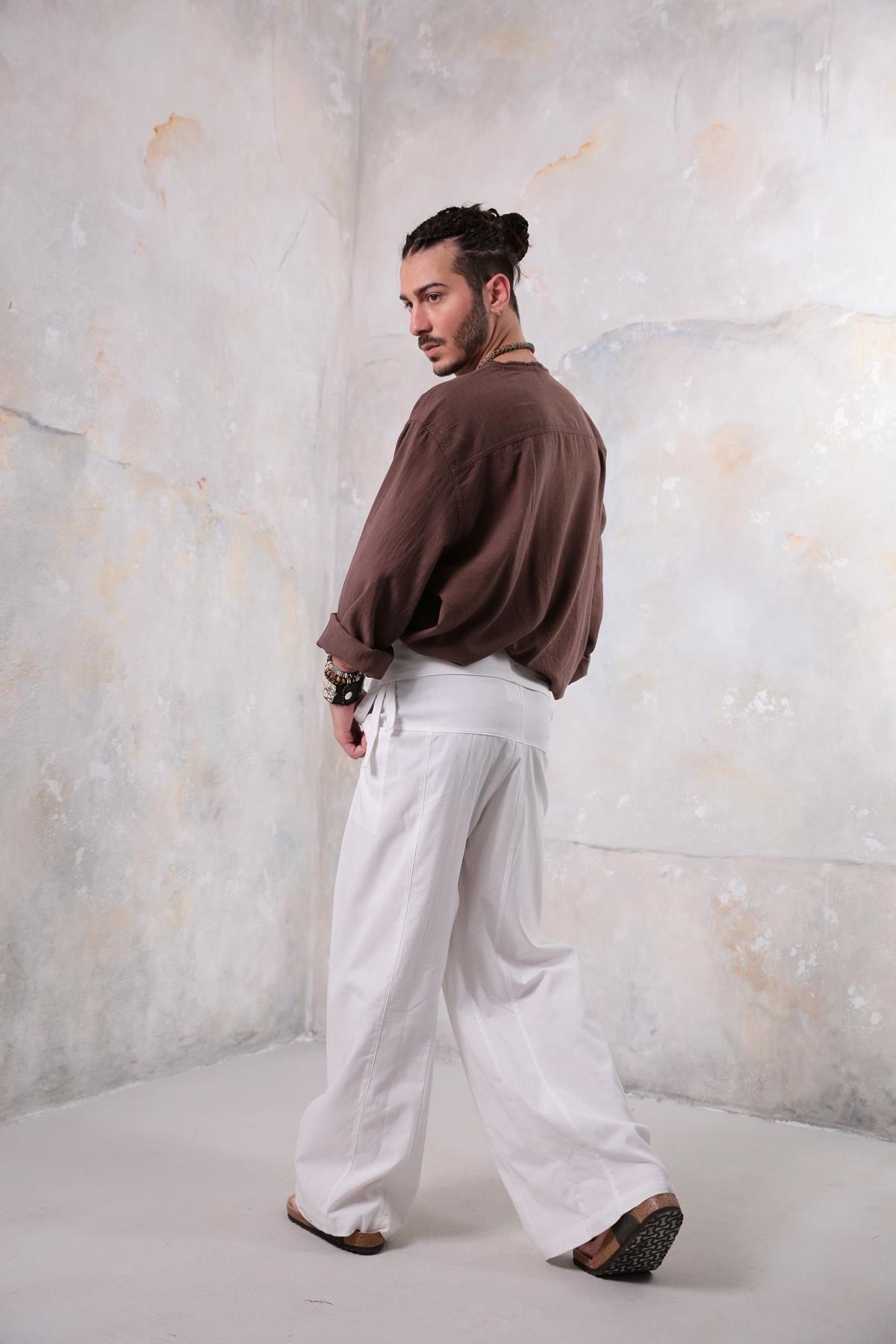 Brown Lace-Up Collar Bohemian Men's Shirt - Şaman Butik | Boho Fashion Brown Lace-Up Collar Bohemian Men's Shirt