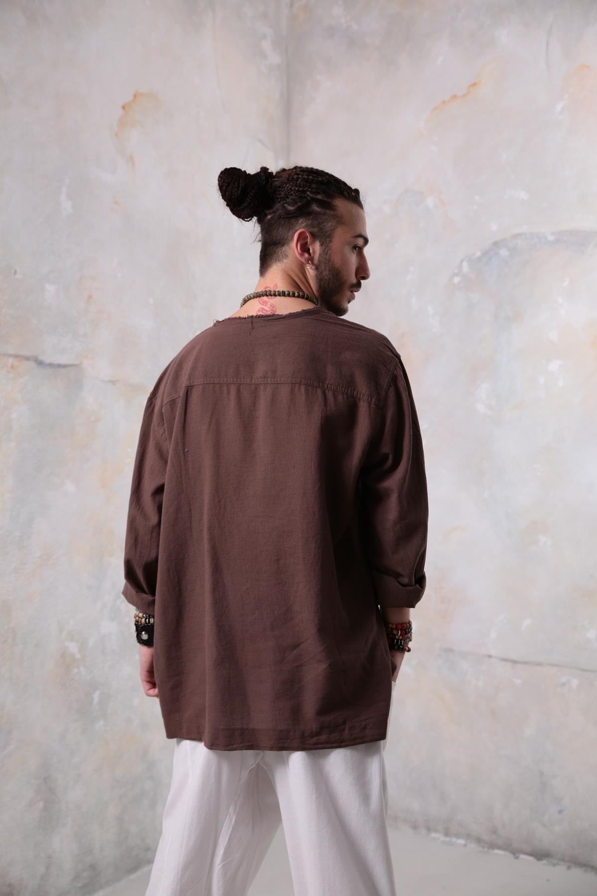 Brown Lace-Up Collar Bohemian Men's Shirt - Şaman Butik | Boho Fashion Brown Lace-Up Collar Bohemian Men's Shirt