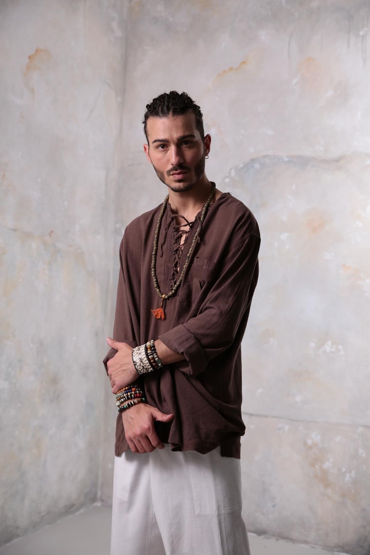 Brown Lace-Up Collar Bohemian Men's Shirt - Şaman Butik | Boho Fashion Brown Lace-Up Collar Bohemian Men's Shirt