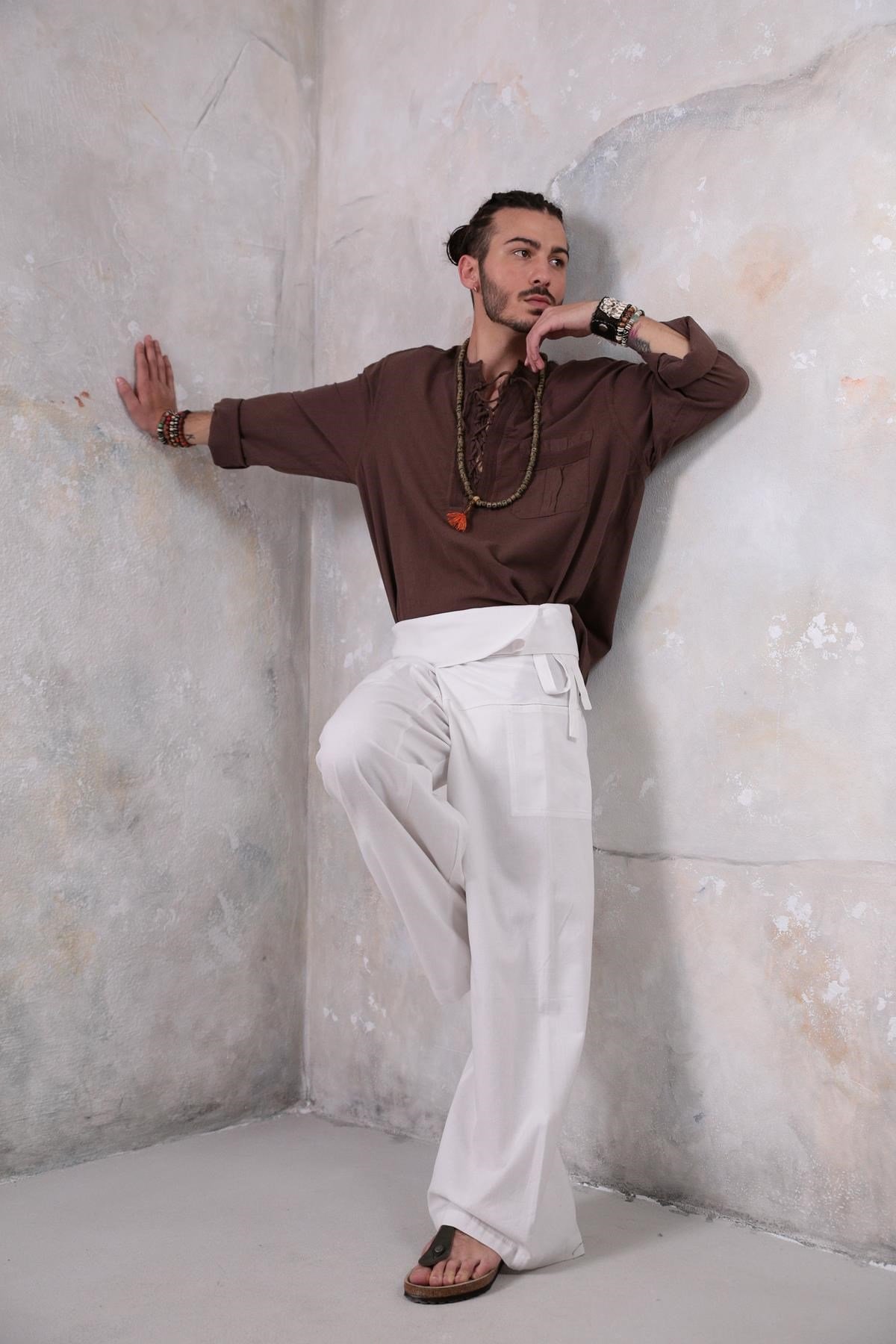 Brown Lace-Up Collar Bohemian Men's Shirt - Şaman Butik | Boho Fashion Brown Lace-Up Collar Bohemian Men's Shirt